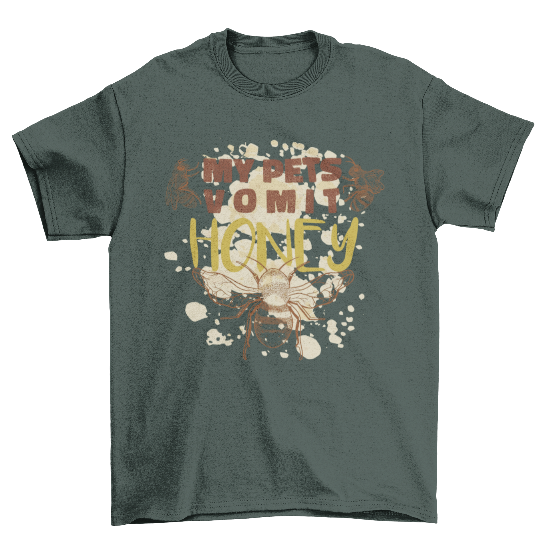 A quirky t-shirt featuring hand-drawn bees and the quote 'My pet vomits honey', perfect for bee lovers.