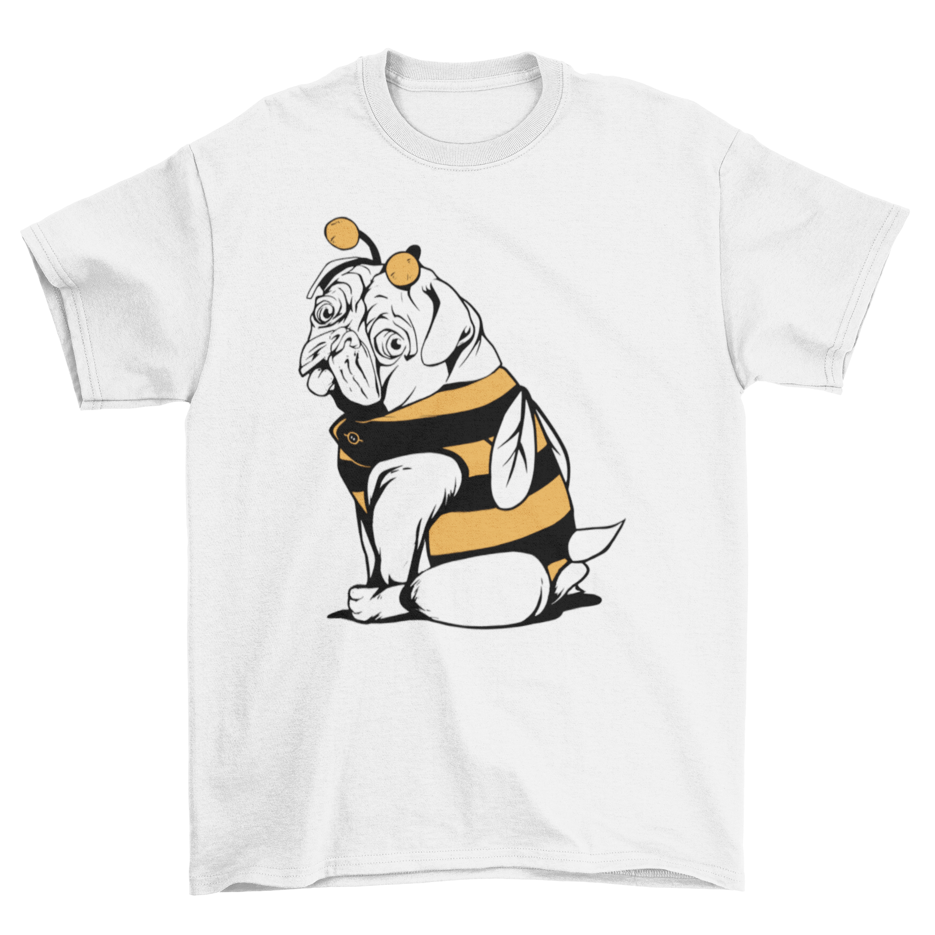 A playful pug dog dressed in a bee costume on a stylish t-shirt.