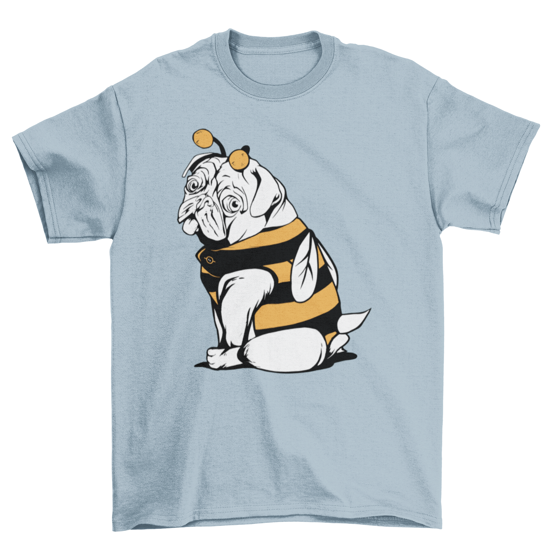 A playful pug dog dressed in a bee costume on a stylish t-shirt.