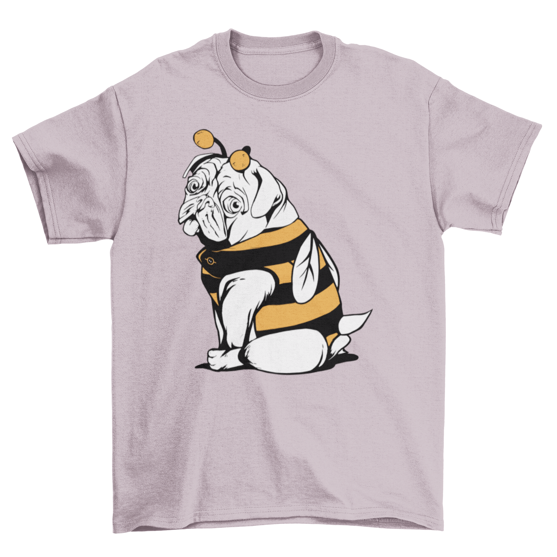 A playful pug dog dressed in a bee costume on a stylish t-shirt.