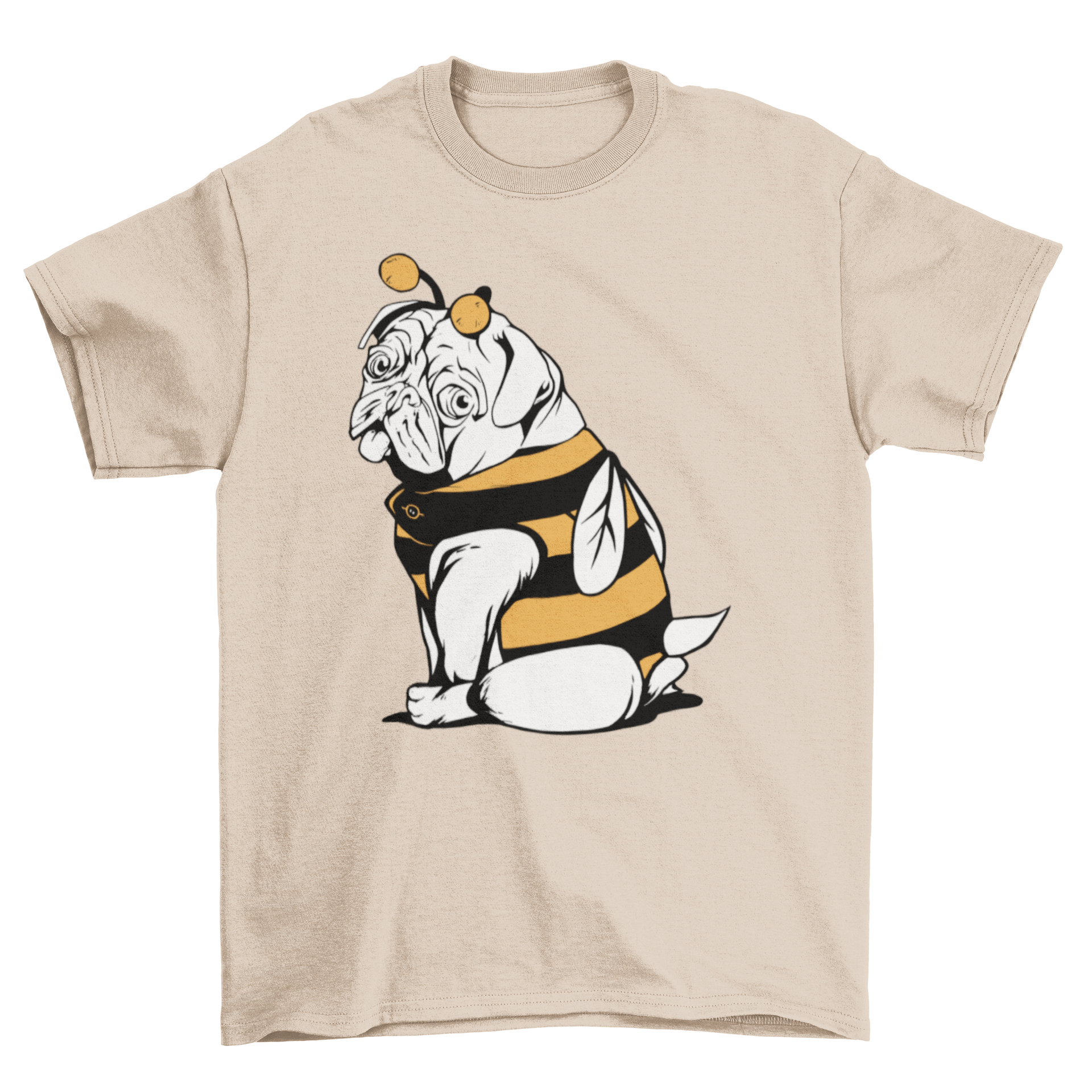 A playful pug dog dressed in a bee costume on a stylish t-shirt.