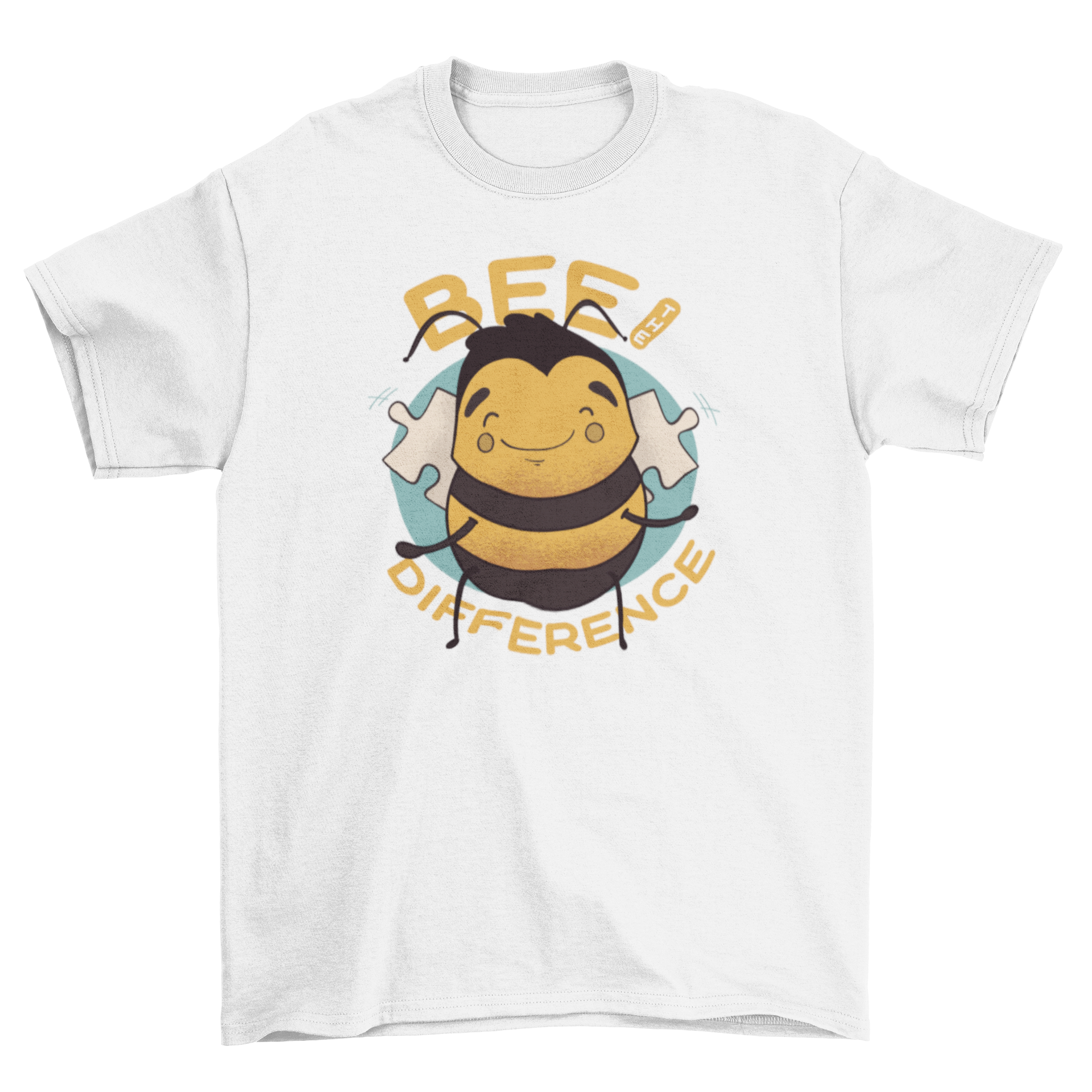 Bee The Difference T-shirt design featuring a cute bee and colorful puzzle pieces background with an inspirational quote.