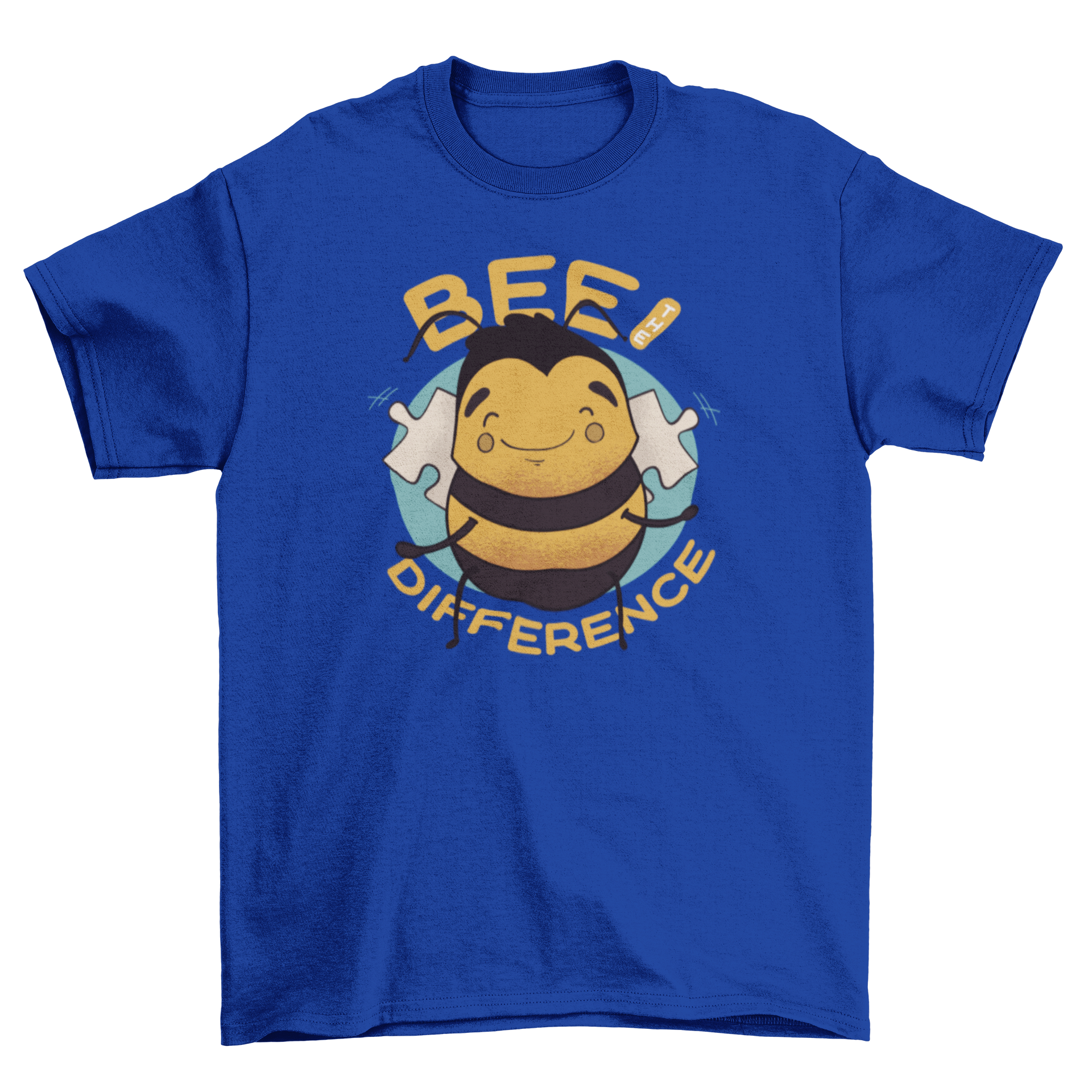 Bee The Difference T-shirt design featuring a cute bee and colorful puzzle pieces background with an inspirational quote.