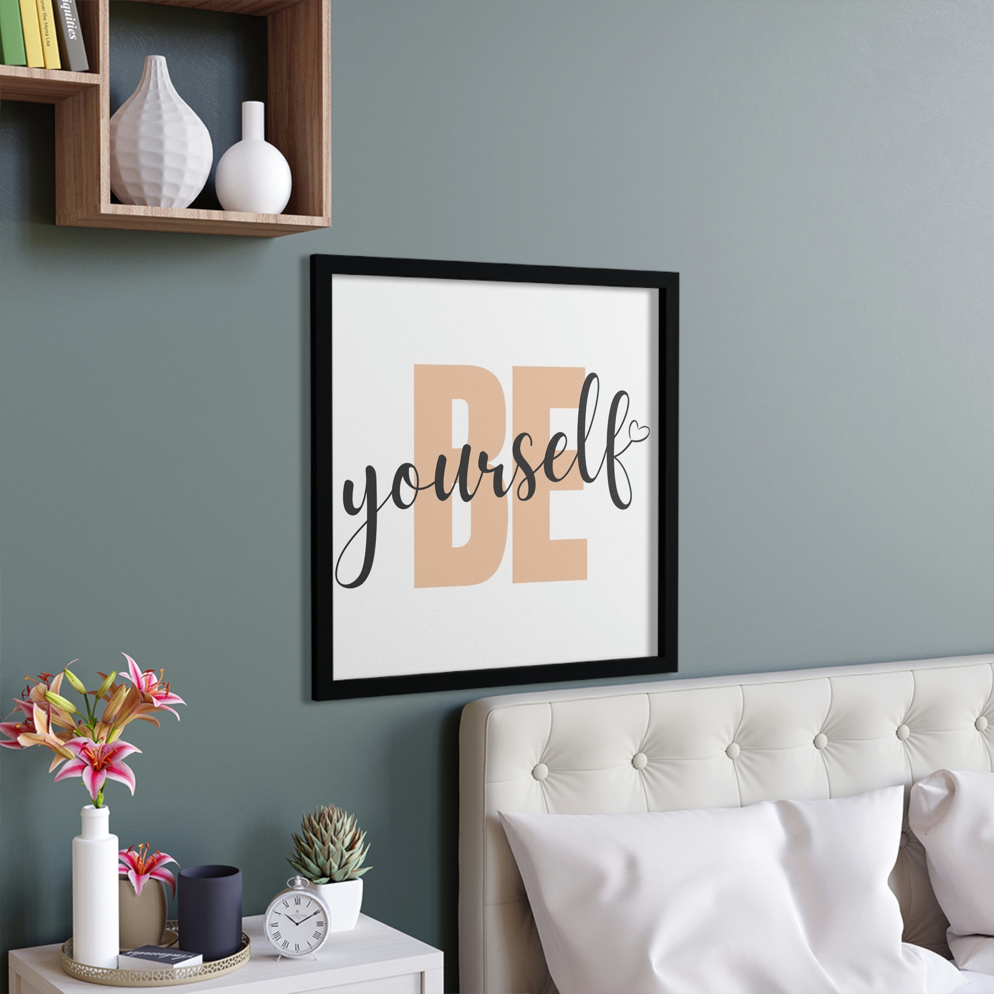 Be Yourself Framed Poster with a hand-crafted wooden frame, showcasing vibrant colors and motivational design.