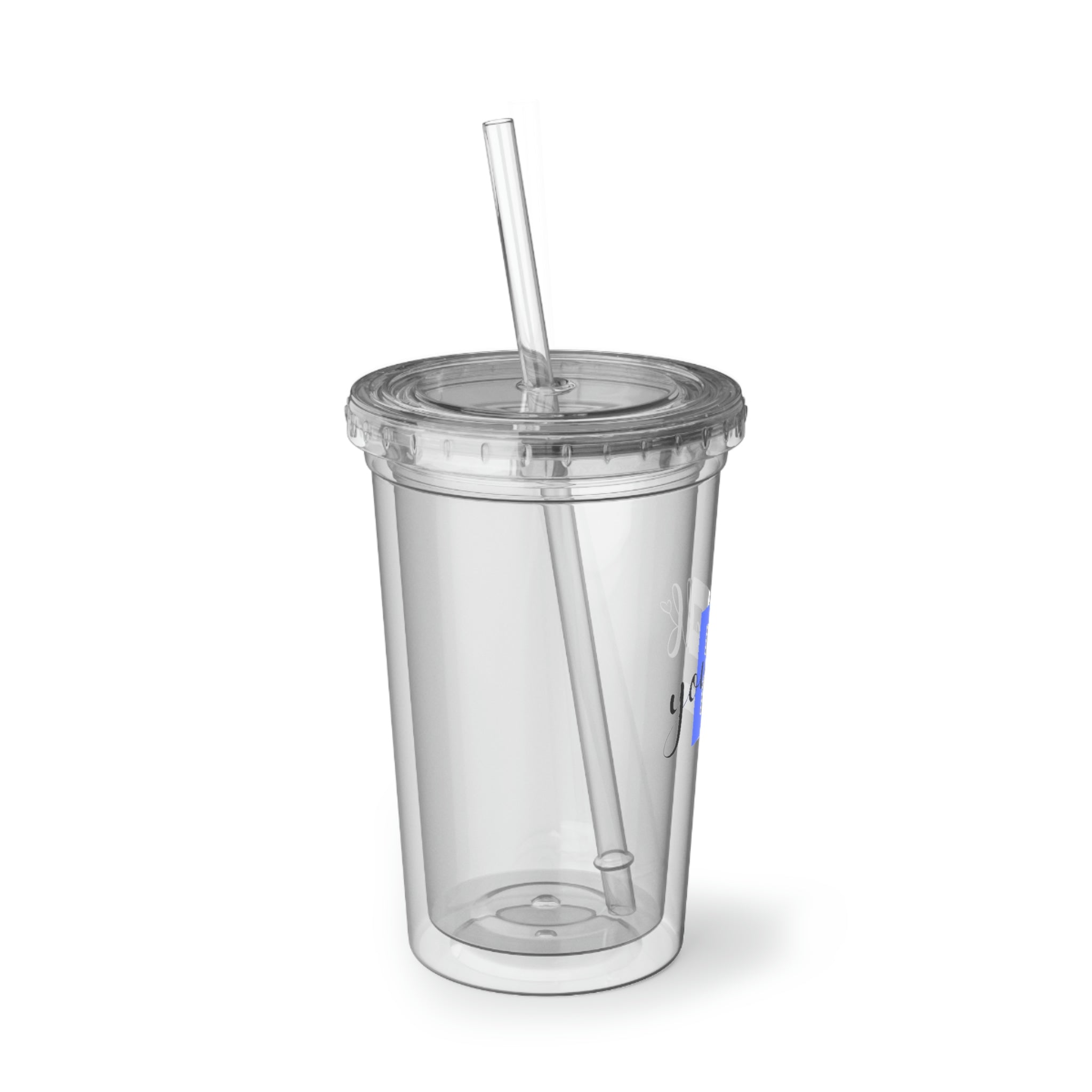 Be Yourself Suave Acrylic Cup in stainless steel with a black screw-on cap and a plastic straw, showcasing a customizable design.