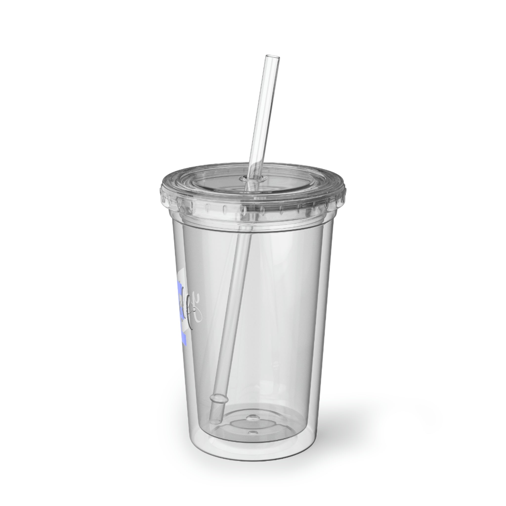 Be Yourself Suave Acrylic Cup in stainless steel with a black screw-on cap and a plastic straw, showcasing a customizable design.