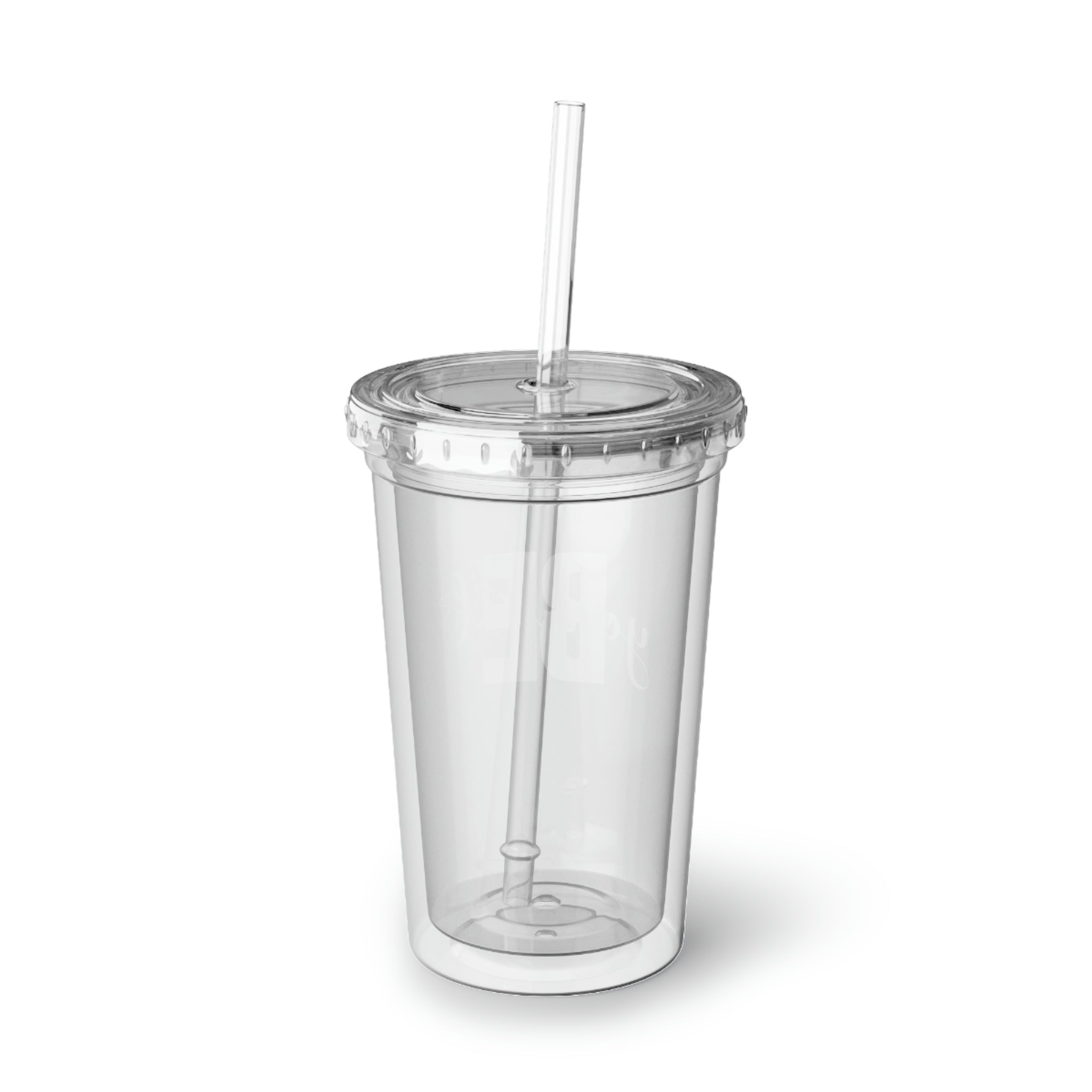 Be Yourself Suave Acrylic Cup in stainless steel with a black screw-on cap and a plastic straw, showcasing a customizable design.