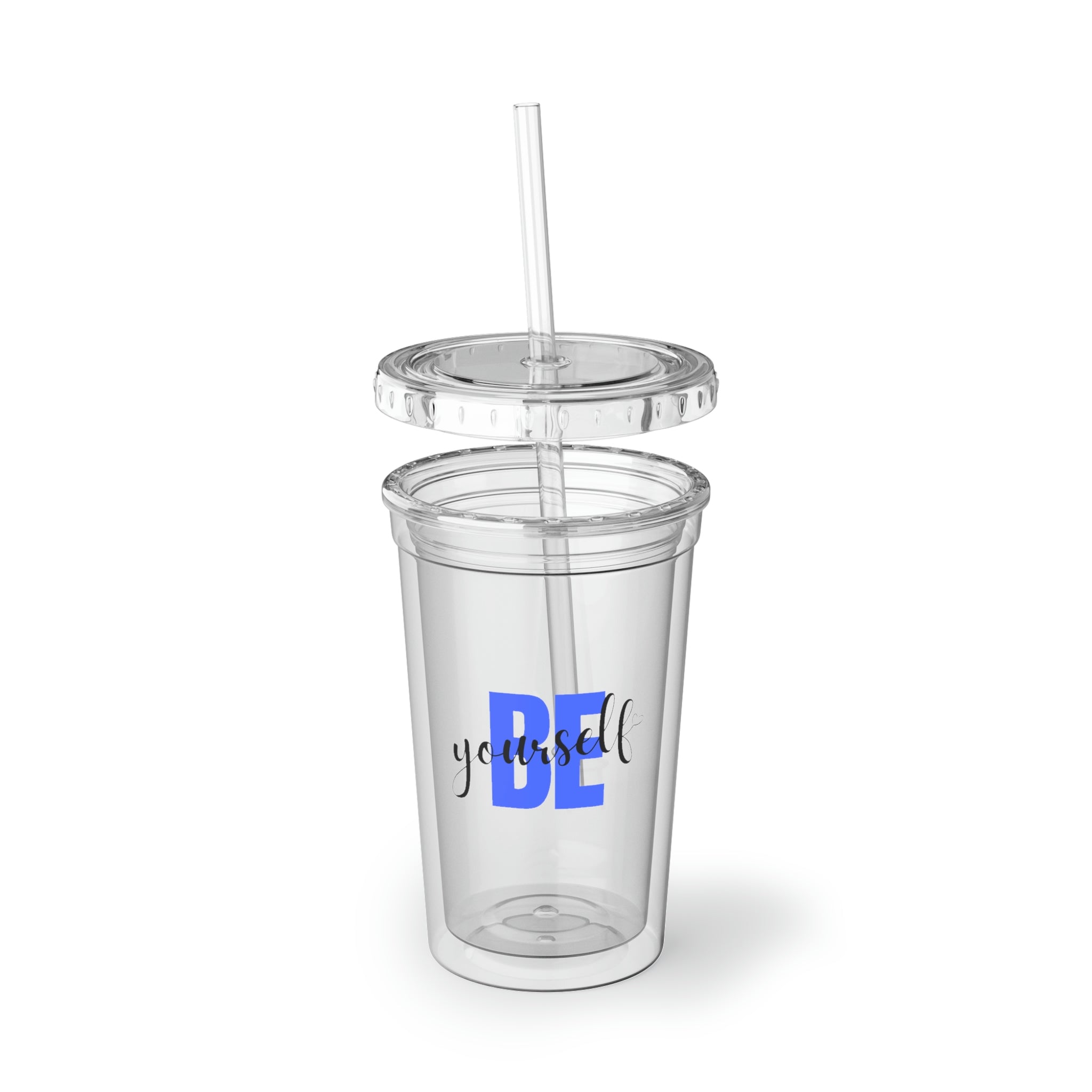 Be Yourself Suave Acrylic Cup in stainless steel with a black screw-on cap and a plastic straw, showcasing a customizable design.