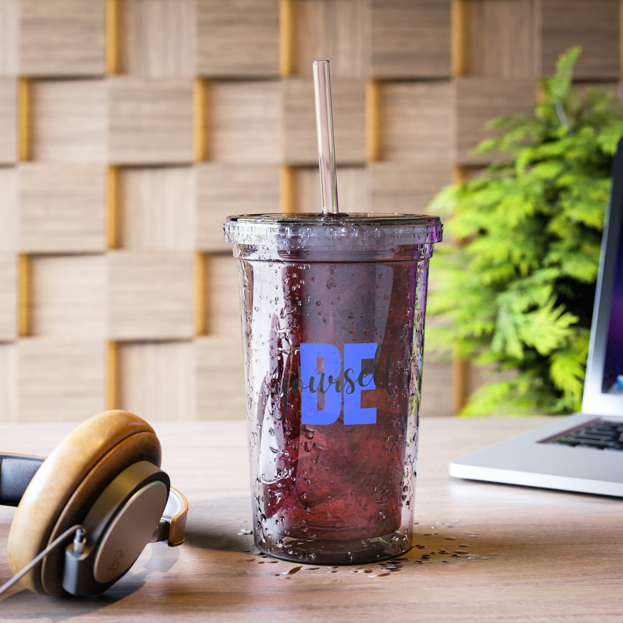 Be Yourself Suave Acrylic Cup in stainless steel with a black screw-on cap and a plastic straw, showcasing a customizable design.