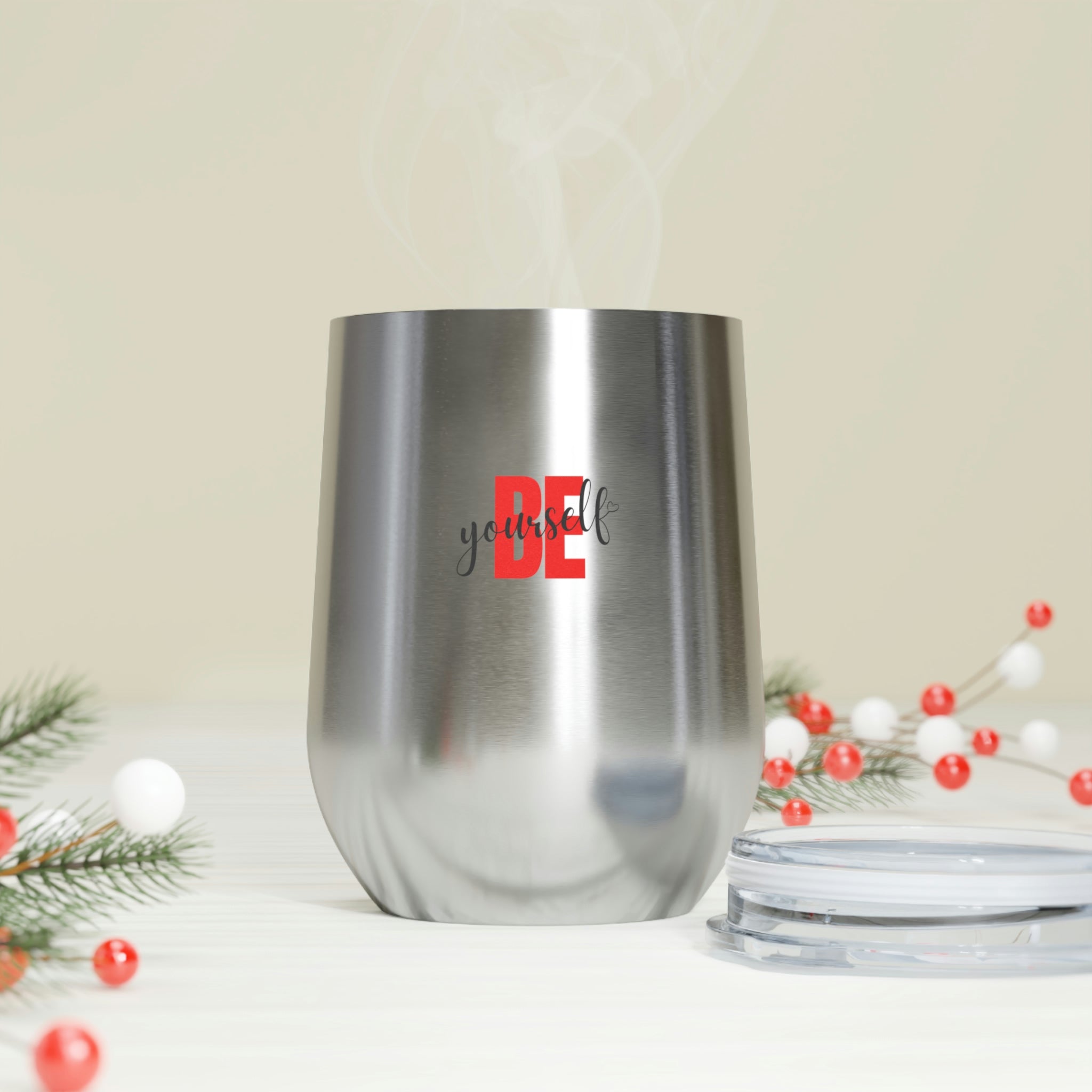 Be Yourself Wine Tumbler in stainless steel with a clear plastic lid, showcasing its stylish design and double insulation features.