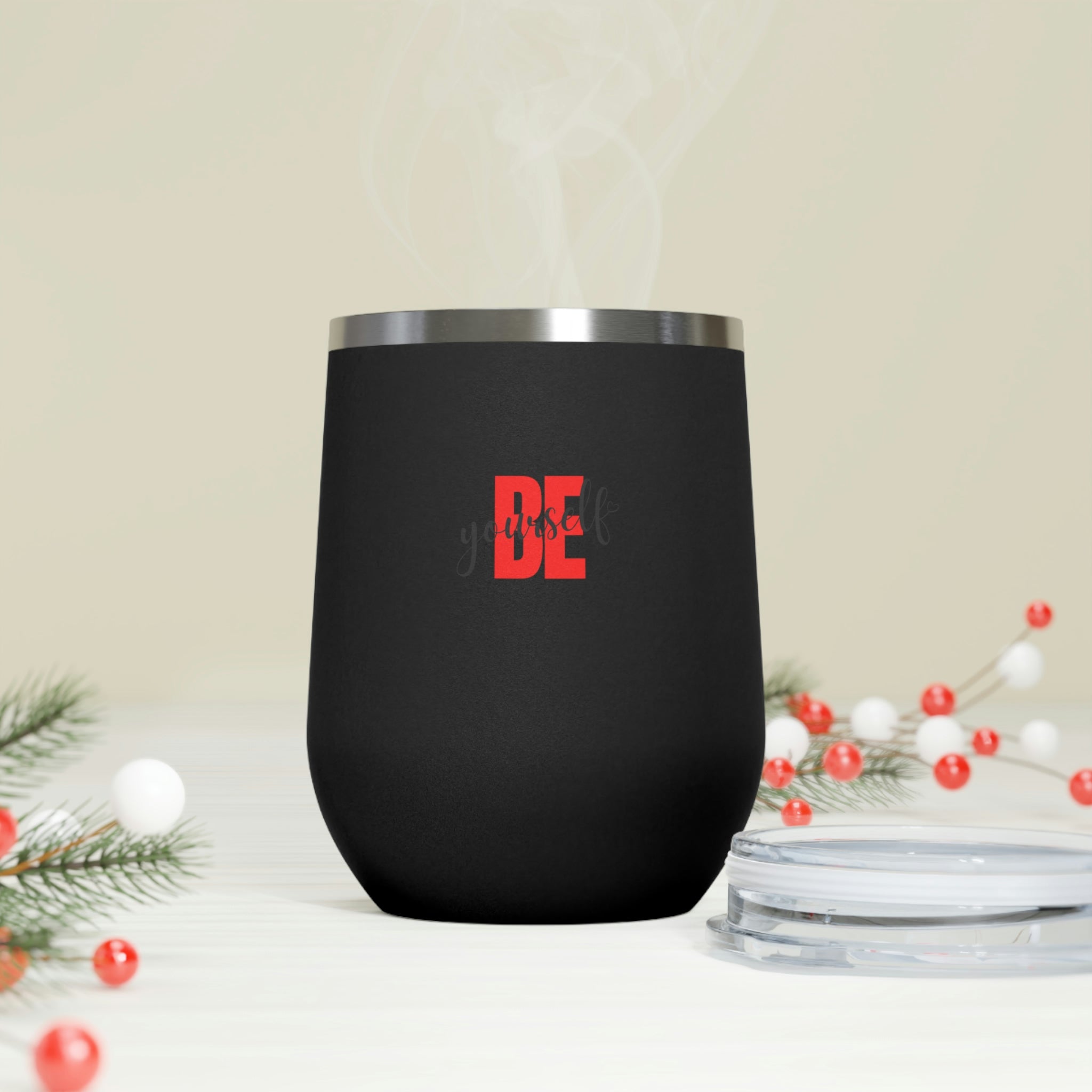 Be Yourself Wine Tumbler in stainless steel with a clear plastic lid, showcasing its stylish design and double insulation features.