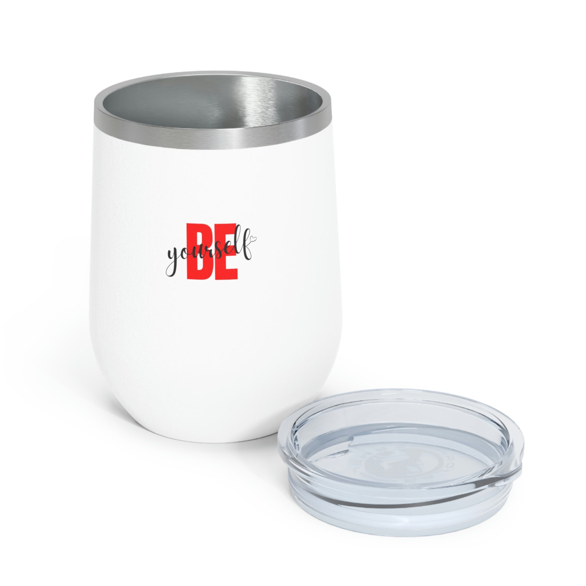 Be Yourself Wine Tumbler in stainless steel with a clear plastic lid, showcasing its stylish design and double insulation features.