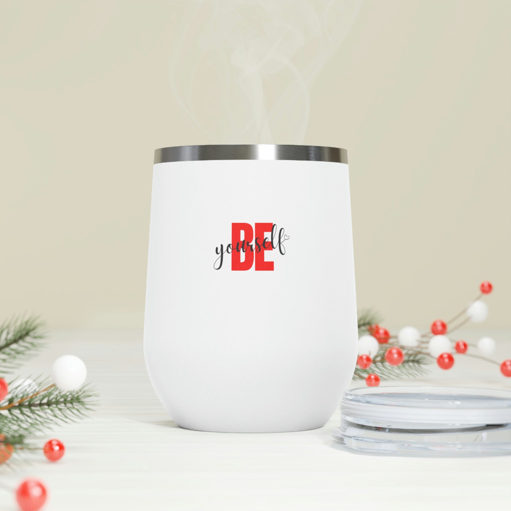 Be Yourself Wine Tumbler in stainless steel with a clear plastic lid, showcasing its stylish design and double insulation features.