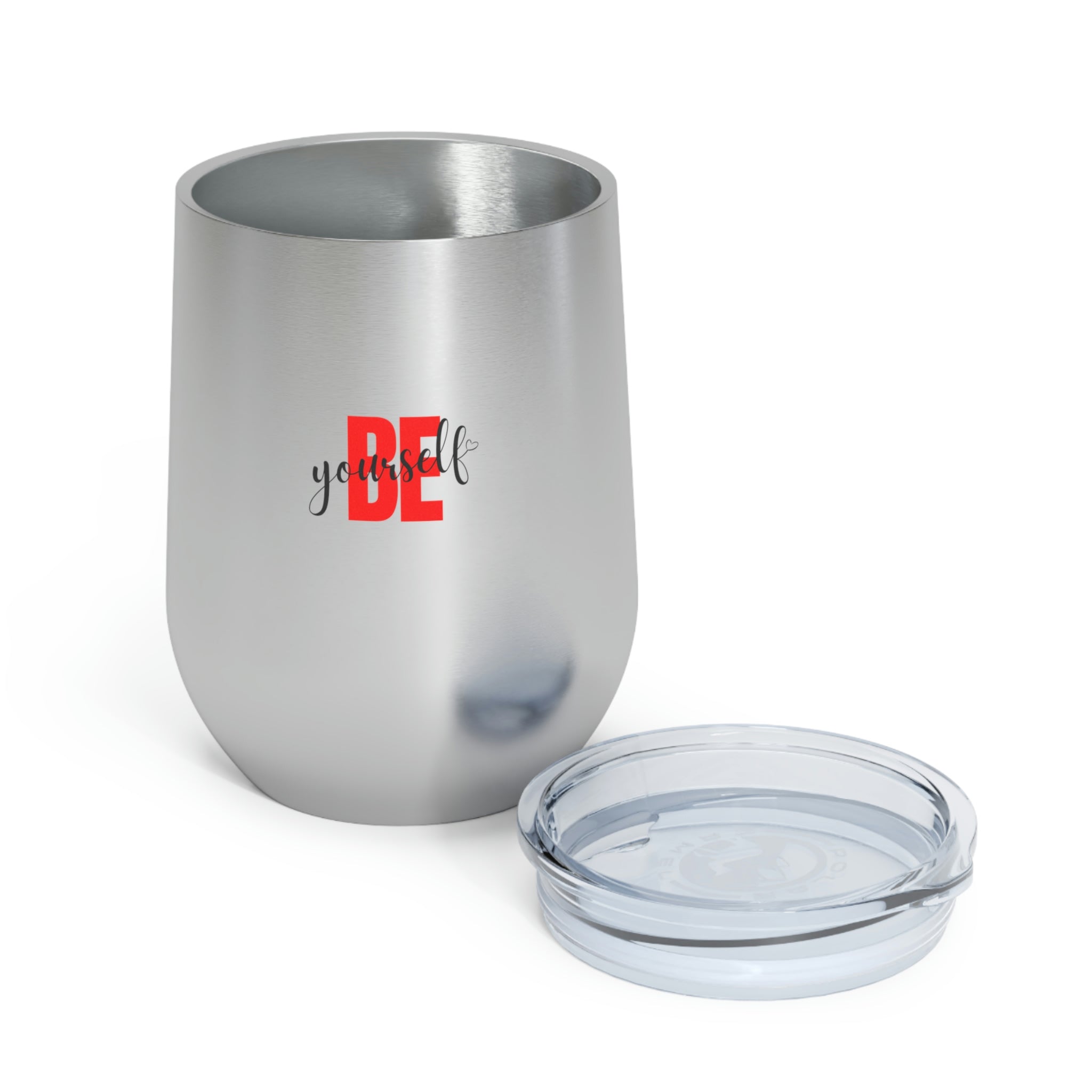 Be Yourself Wine Tumbler in stainless steel with a clear plastic lid, showcasing its stylish design and double insulation features.