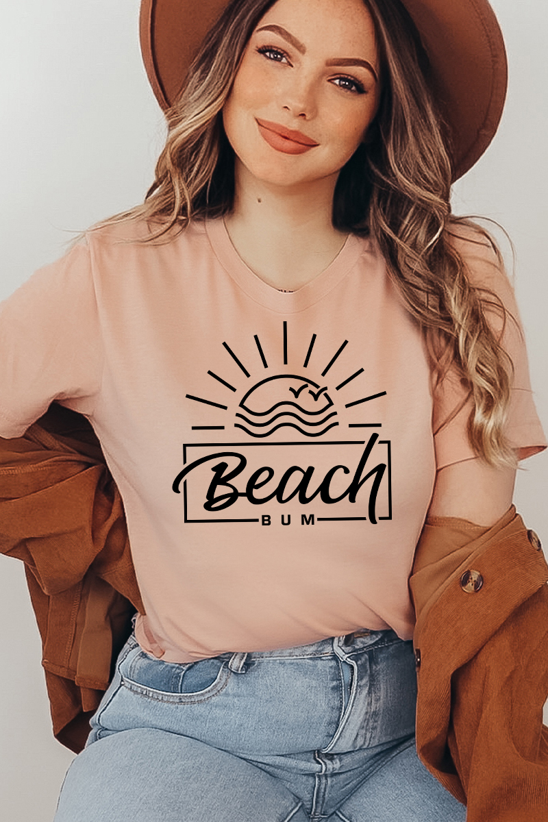 Beach Bum T-shirt made of premium ring spun cotton, featuring a vibrant flex print design, available in various sizes.