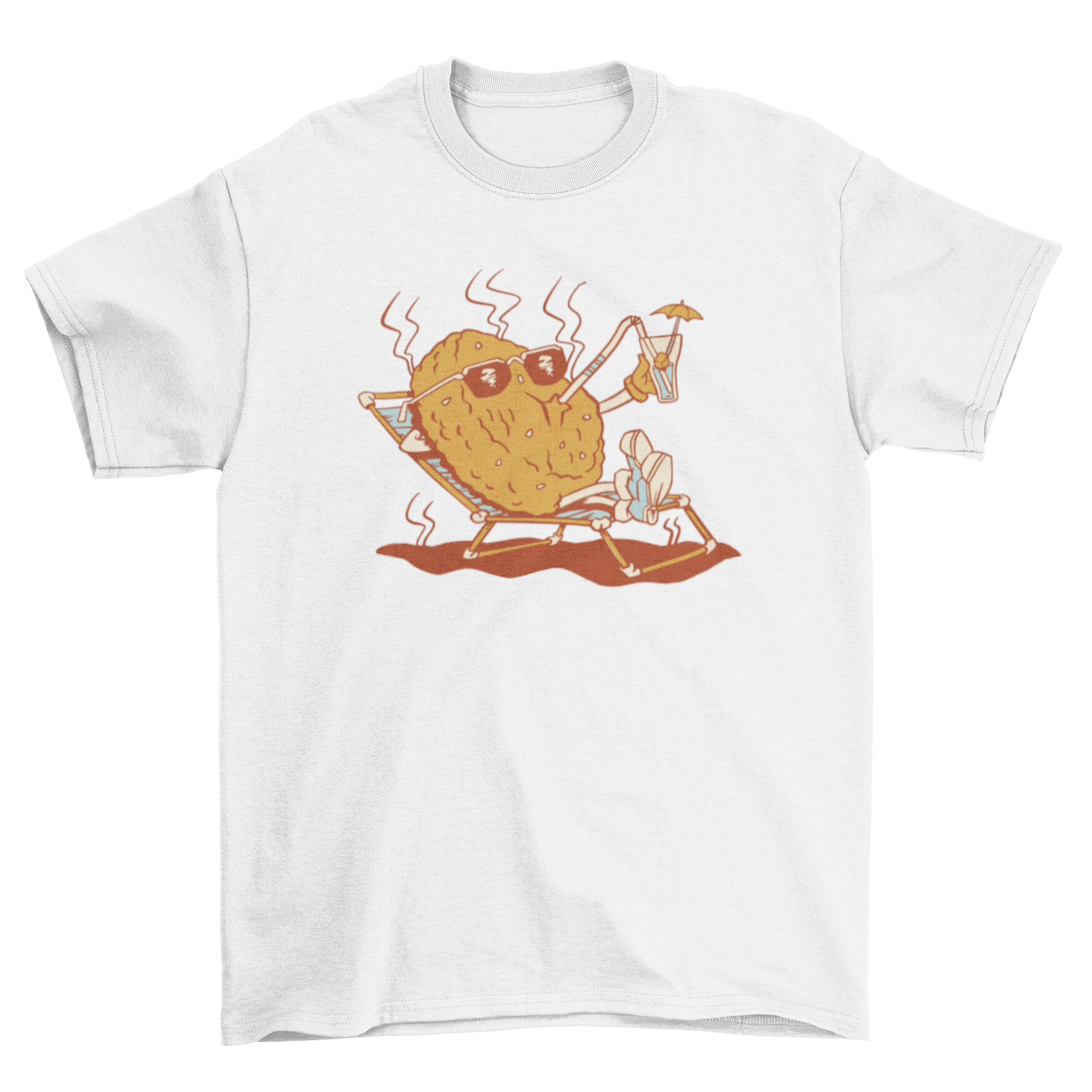 A colorful t-shirt featuring a cartoon burger character relaxing on the beach with sunglasses.