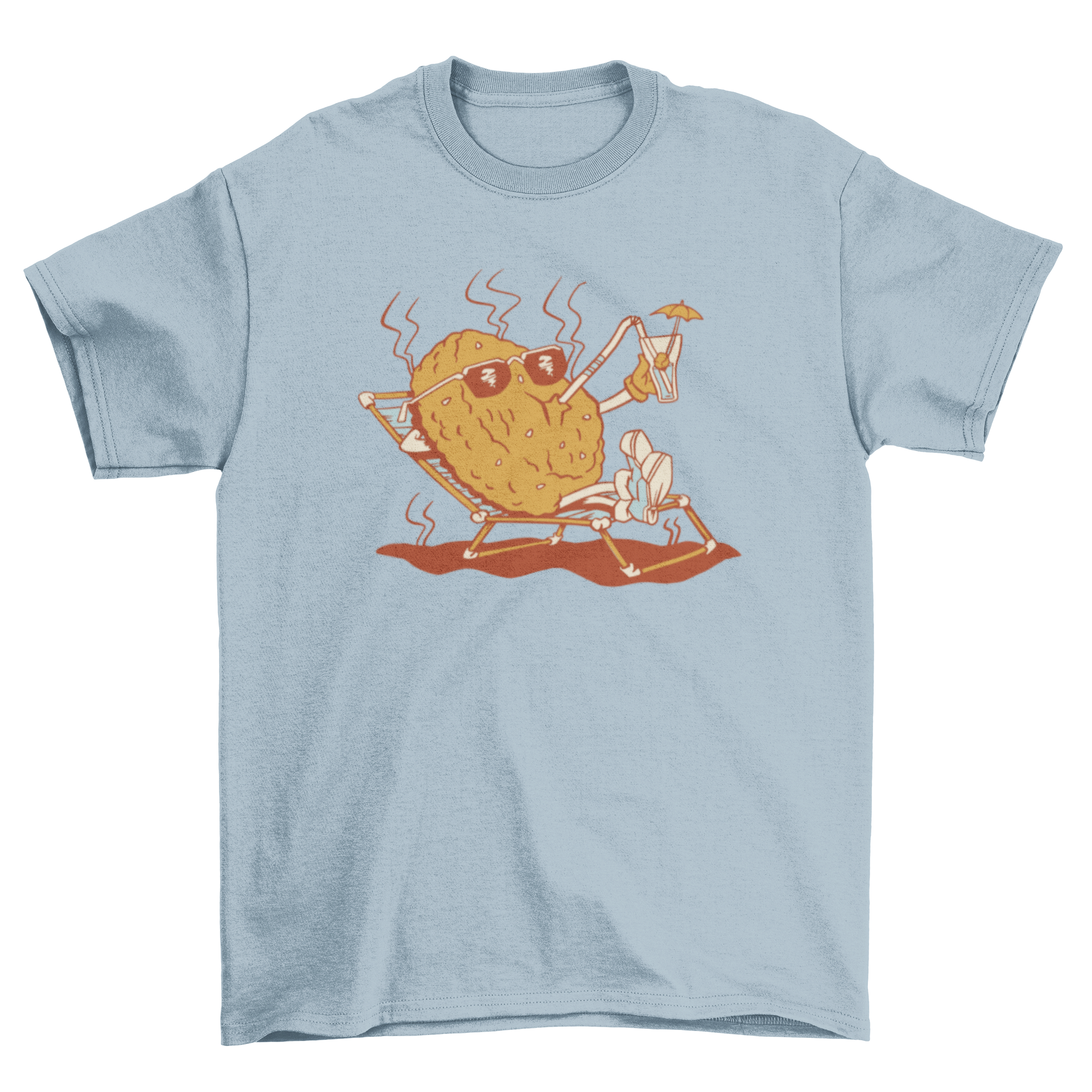 A colorful t-shirt featuring a cartoon burger character relaxing on the beach with sunglasses.