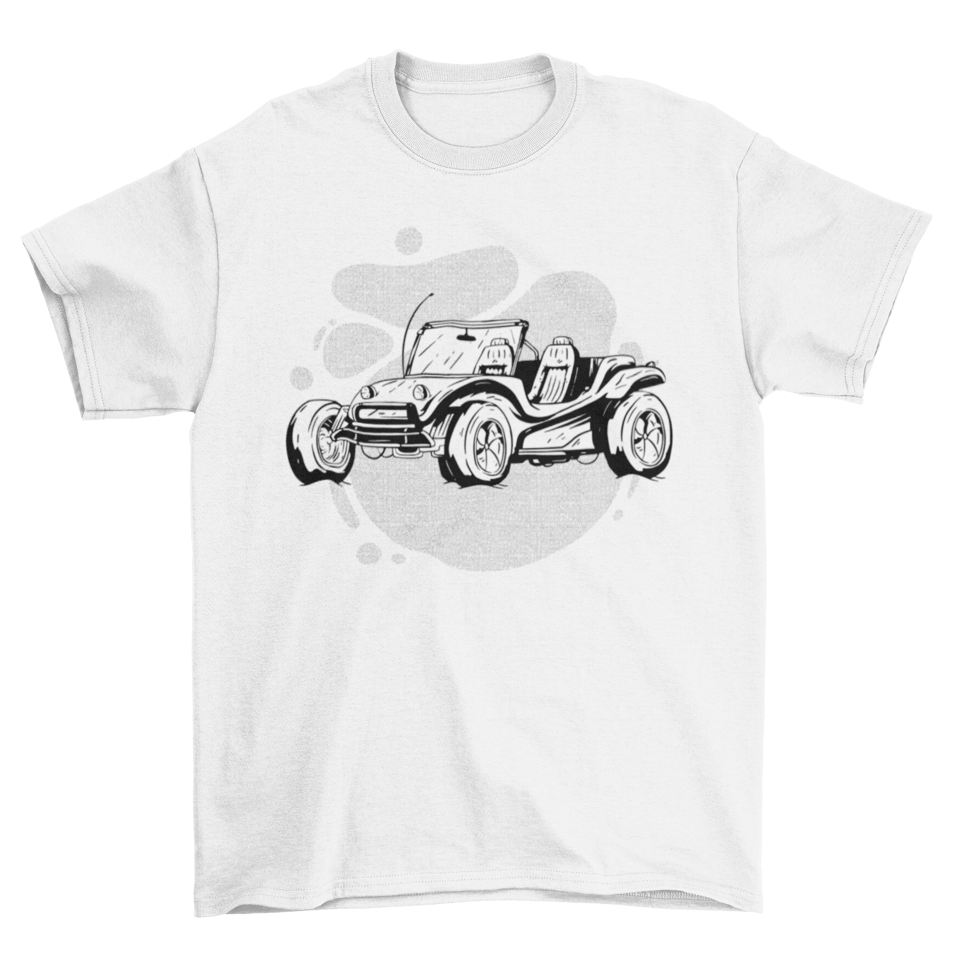 A stylish t-shirt featuring a vibrant beach car design, perfect for summer outings.