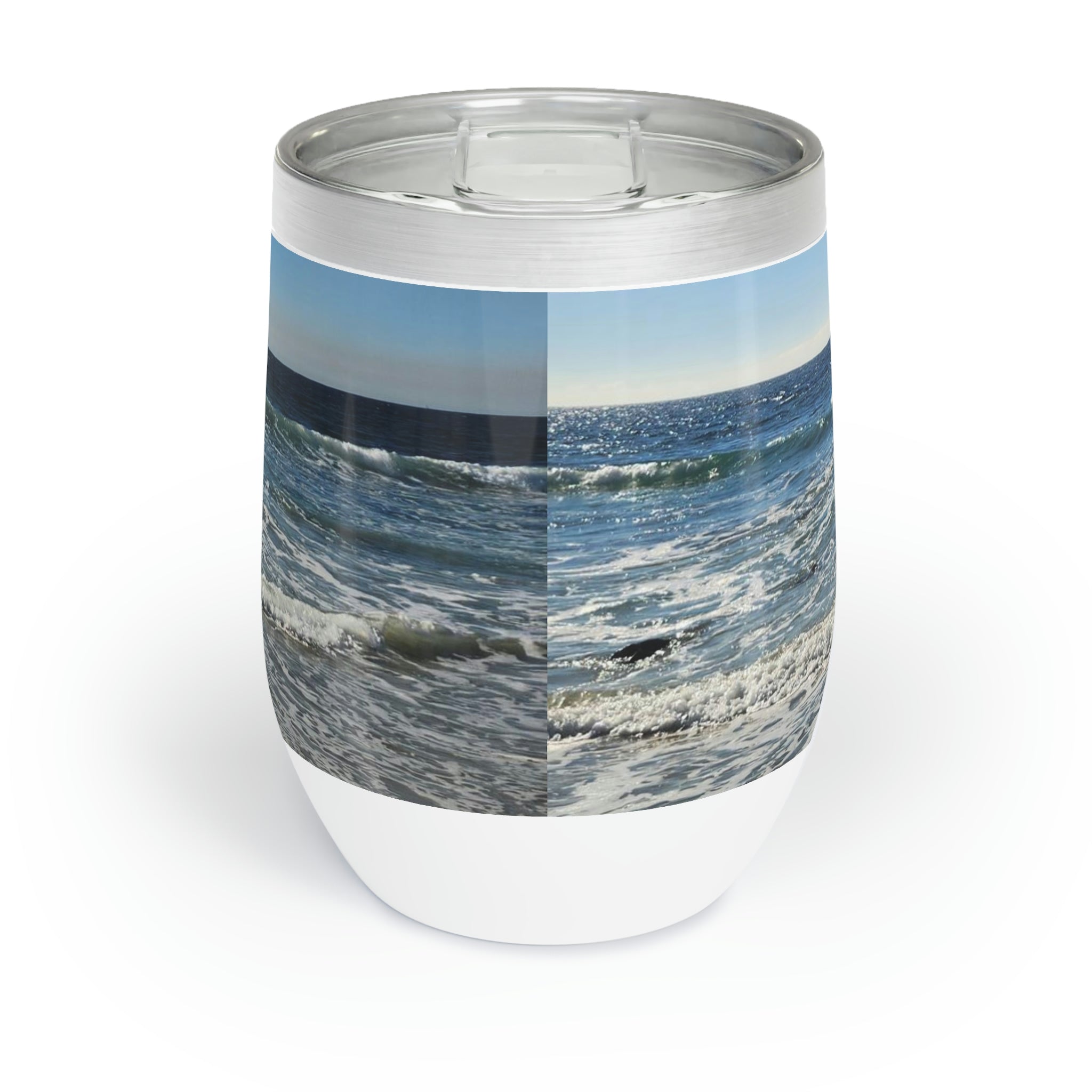 A stylish Beach Chill Wine Tumbler made of stainless steel, featuring a double-insulated design for temperature retention, perfect for outdoor use.