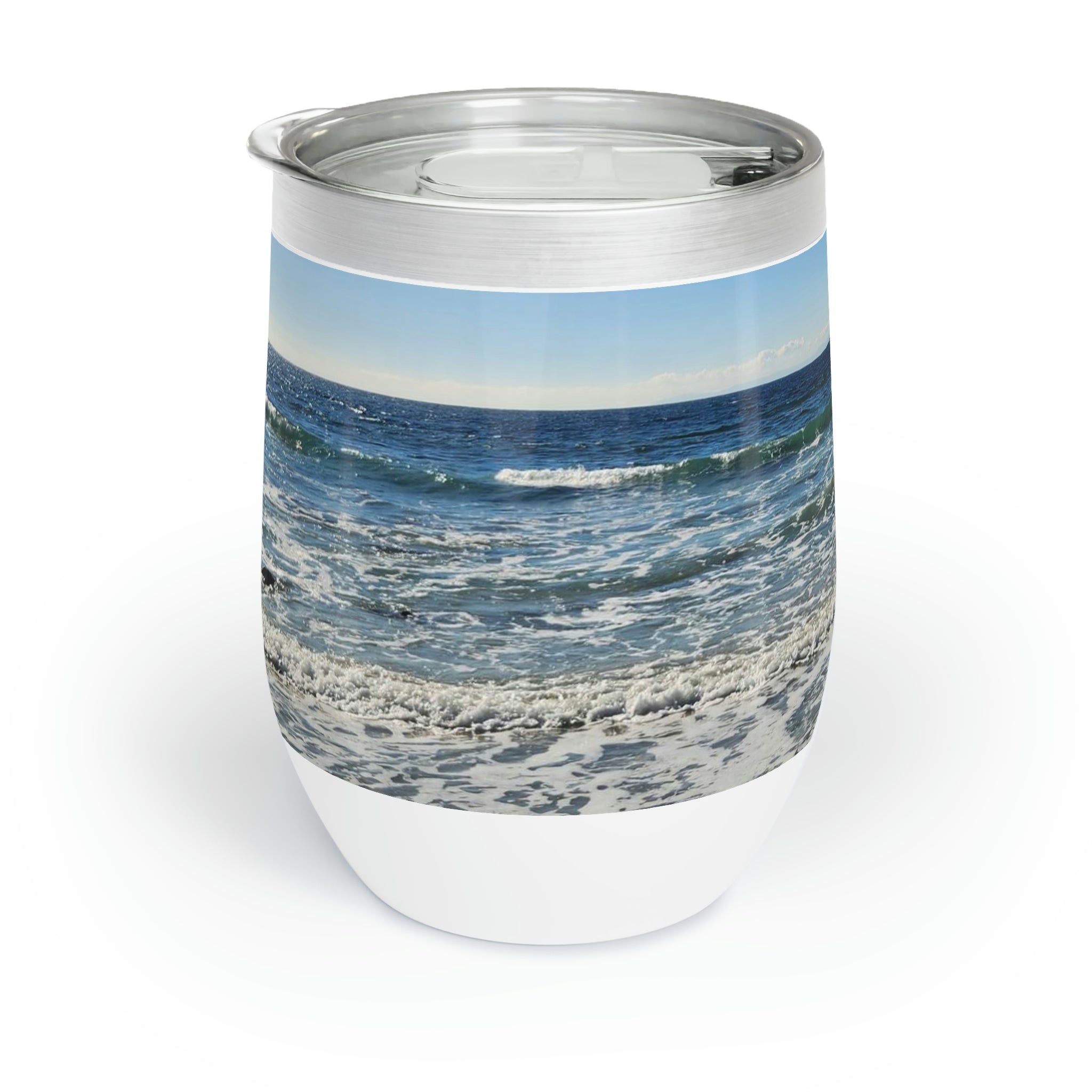 A stylish Beach Chill Wine Tumbler made of stainless steel, featuring a double-insulated design for temperature retention, perfect for outdoor use.