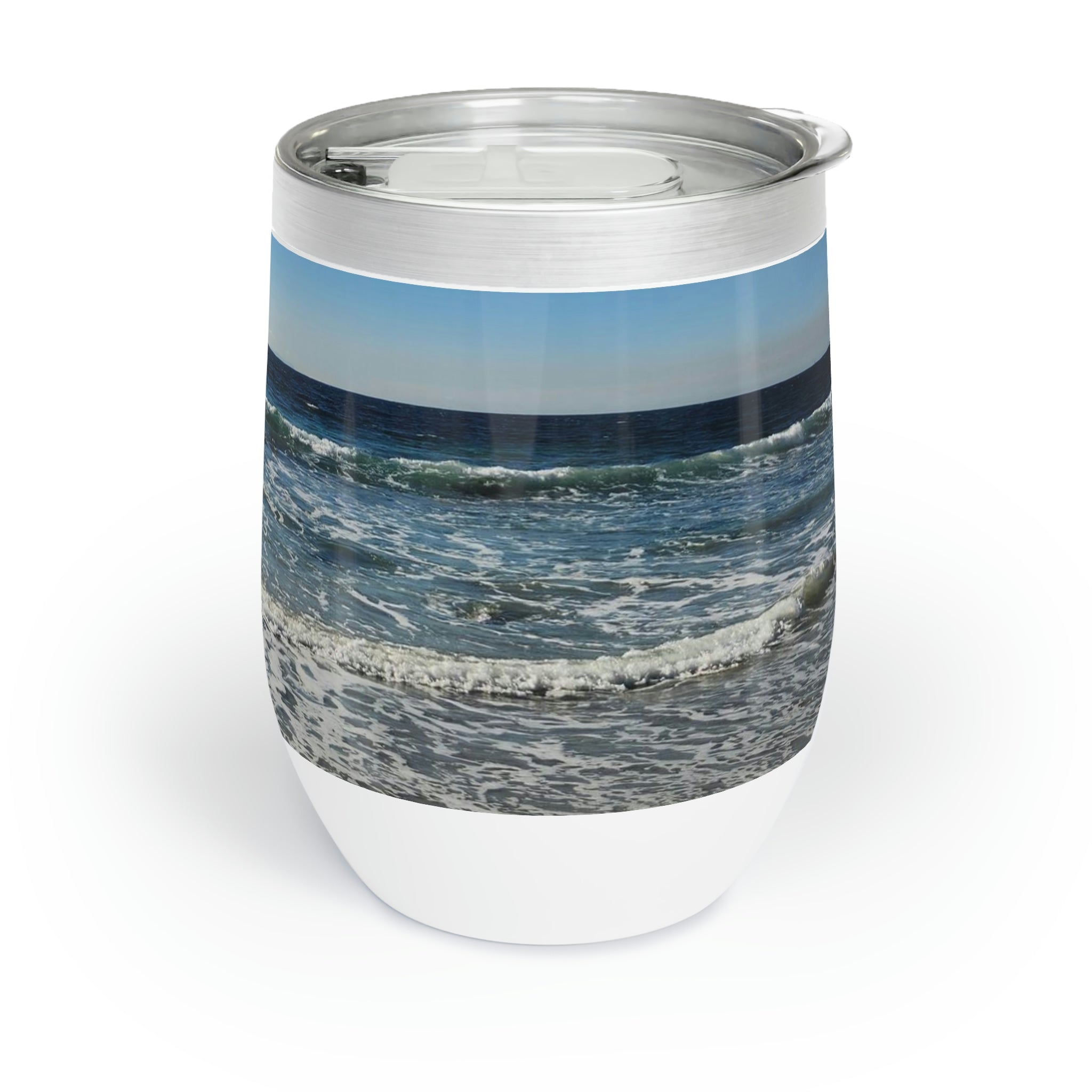 A stylish Beach Chill Wine Tumbler made of stainless steel, featuring a double-insulated design for temperature retention, perfect for outdoor use.