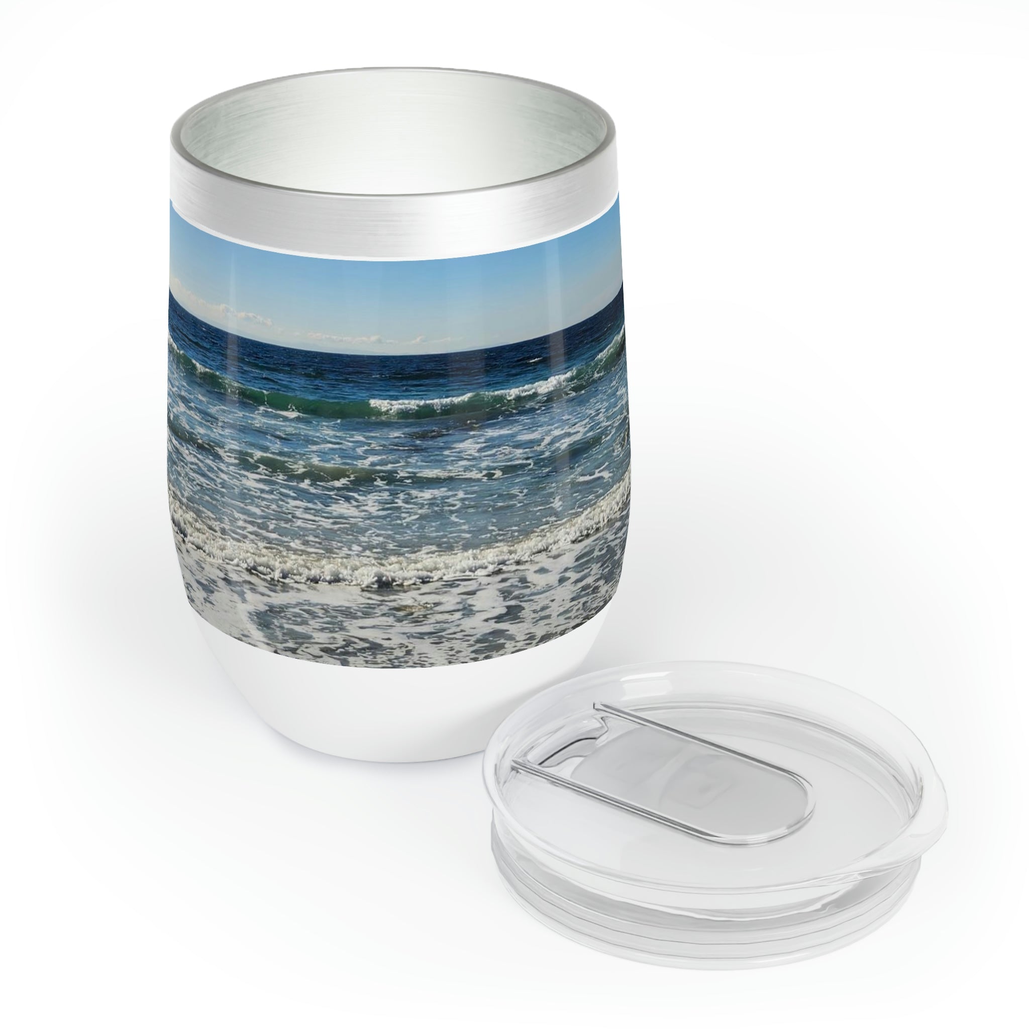 A stylish Beach Chill Wine Tumbler made of stainless steel, featuring a double-insulated design for temperature retention, perfect for outdoor use.