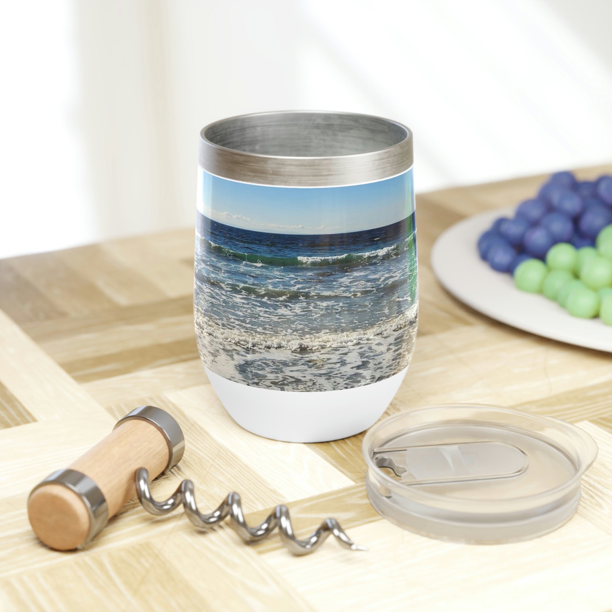 A stylish Beach Chill Wine Tumbler made of stainless steel, featuring a double-insulated design for temperature retention, perfect for outdoor use.