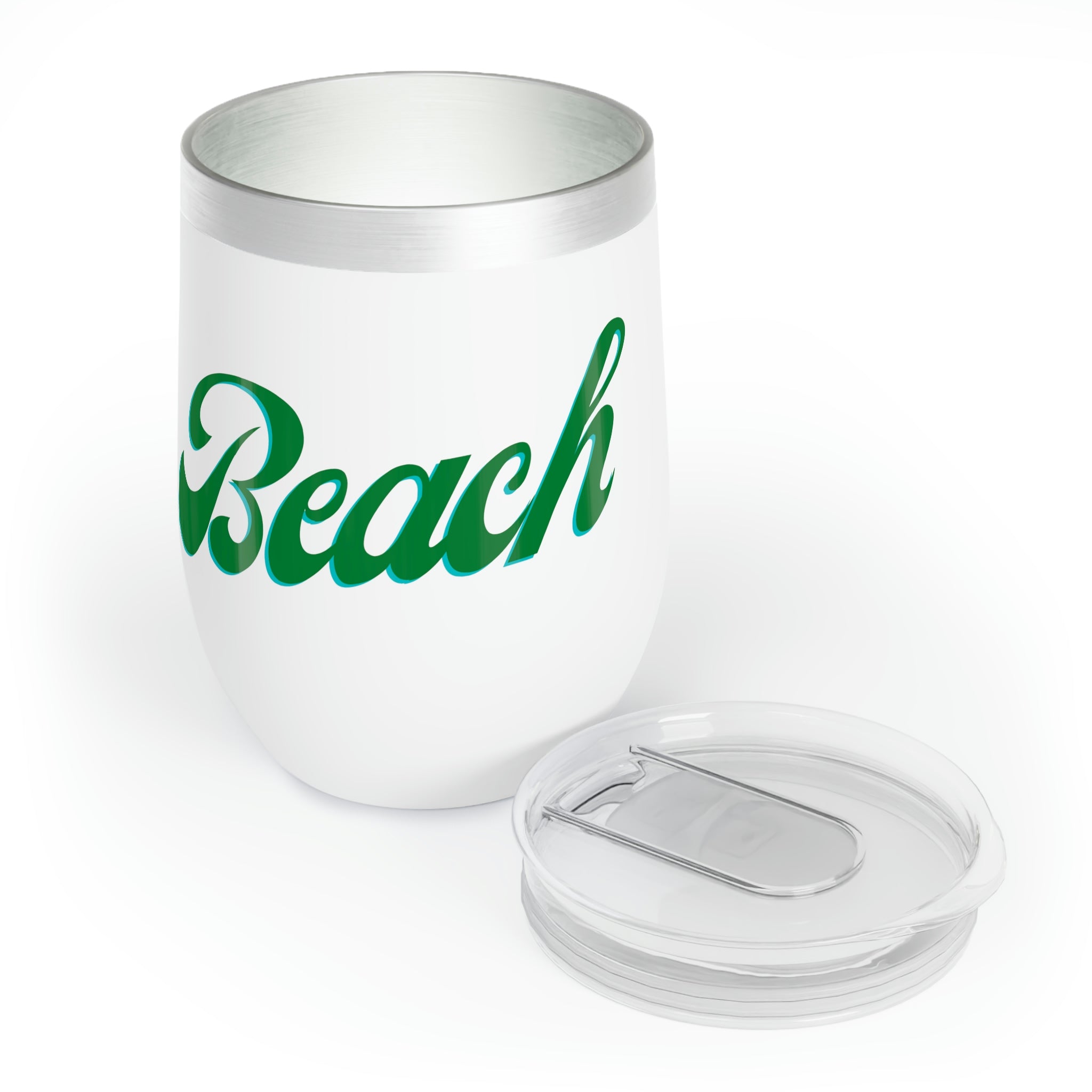 A stylish Beach Chill Wine Tumbler in stainless steel, showcasing its double-insulated design and customizable features, perfect for outdoor use.