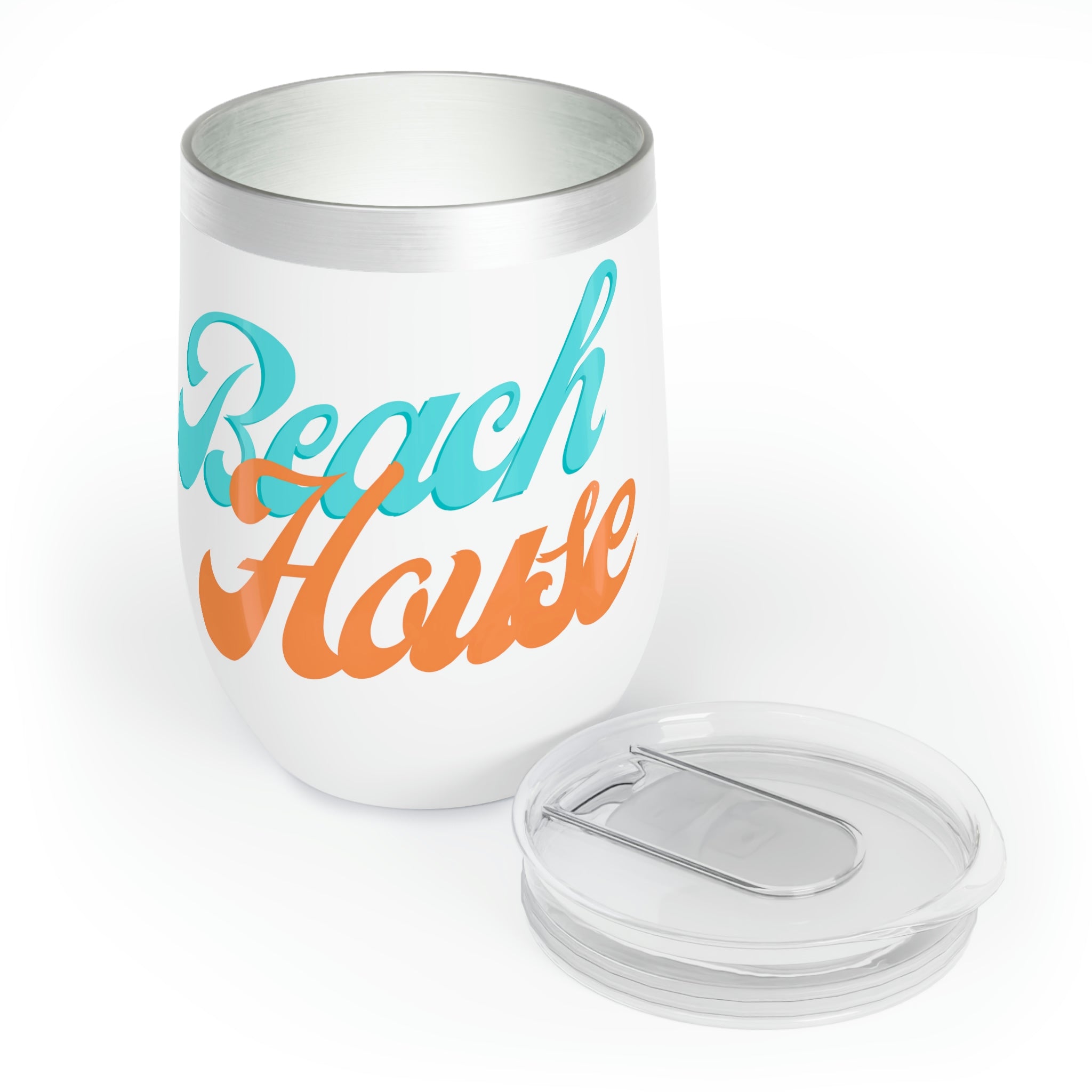 A stylish Beach House Chill Wine Tumbler made of stainless steel, featuring a double-insulated design for temperature retention, perfect for outdoor use.