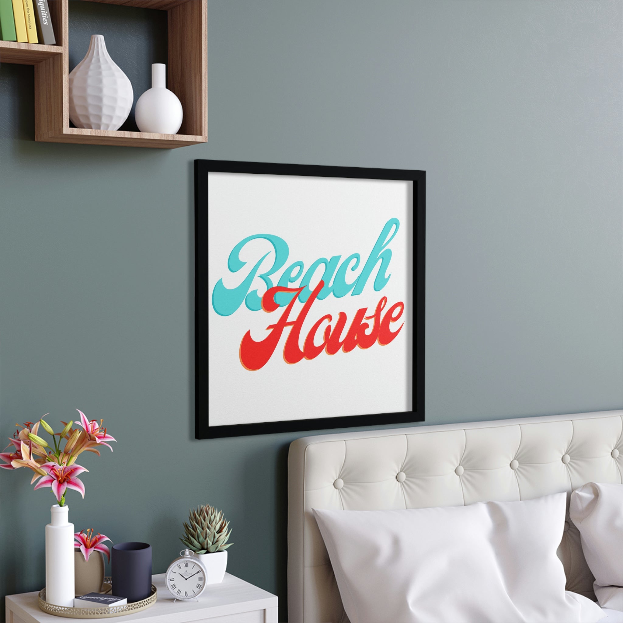 A beautifully framed Beach House poster with a hand-crafted wooden frame, showcasing vibrant colors and coastal imagery.