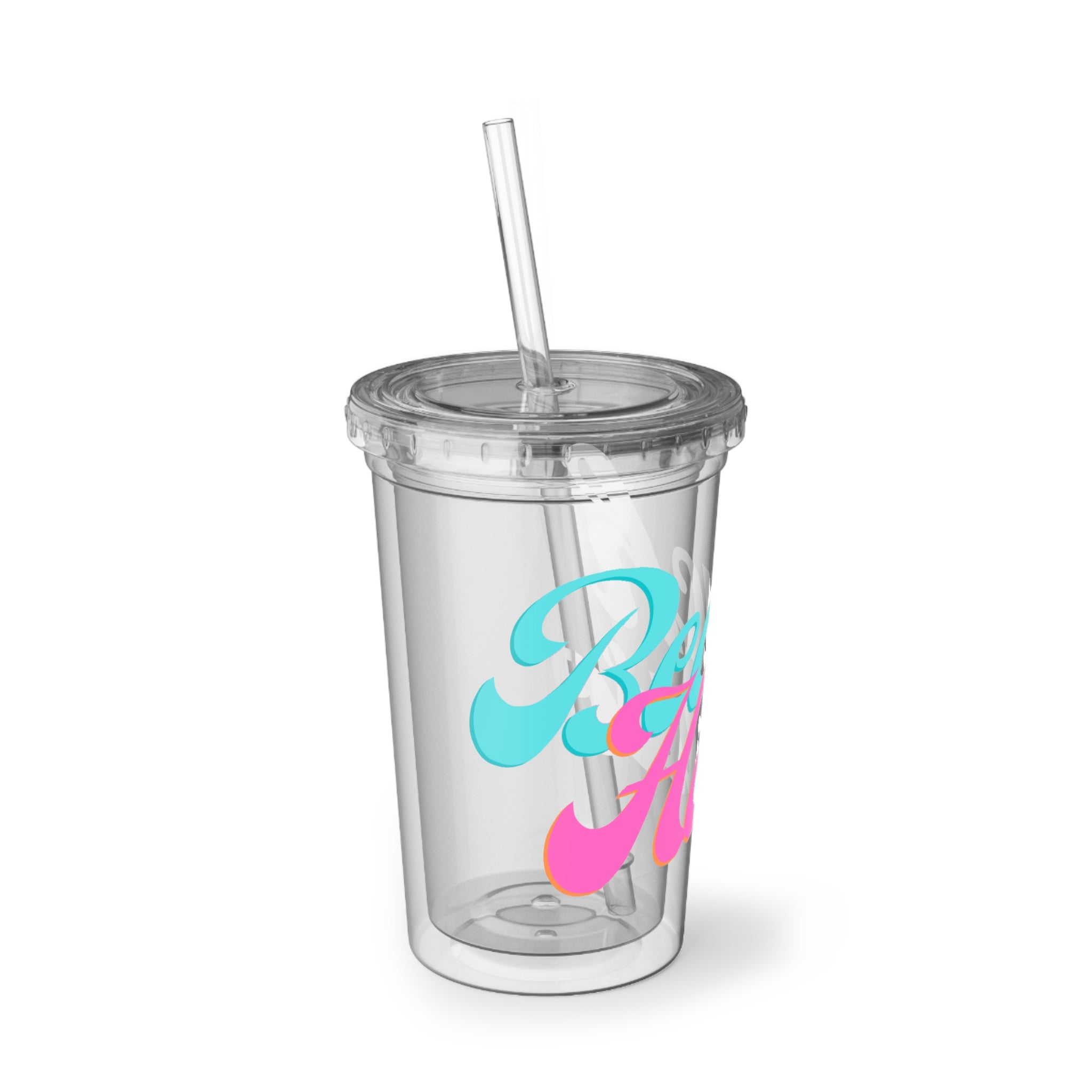 Beach House Suave Acrylic Cup with double-wall insulation, featuring a vibrant customizable design and a plastic lid with a straw.