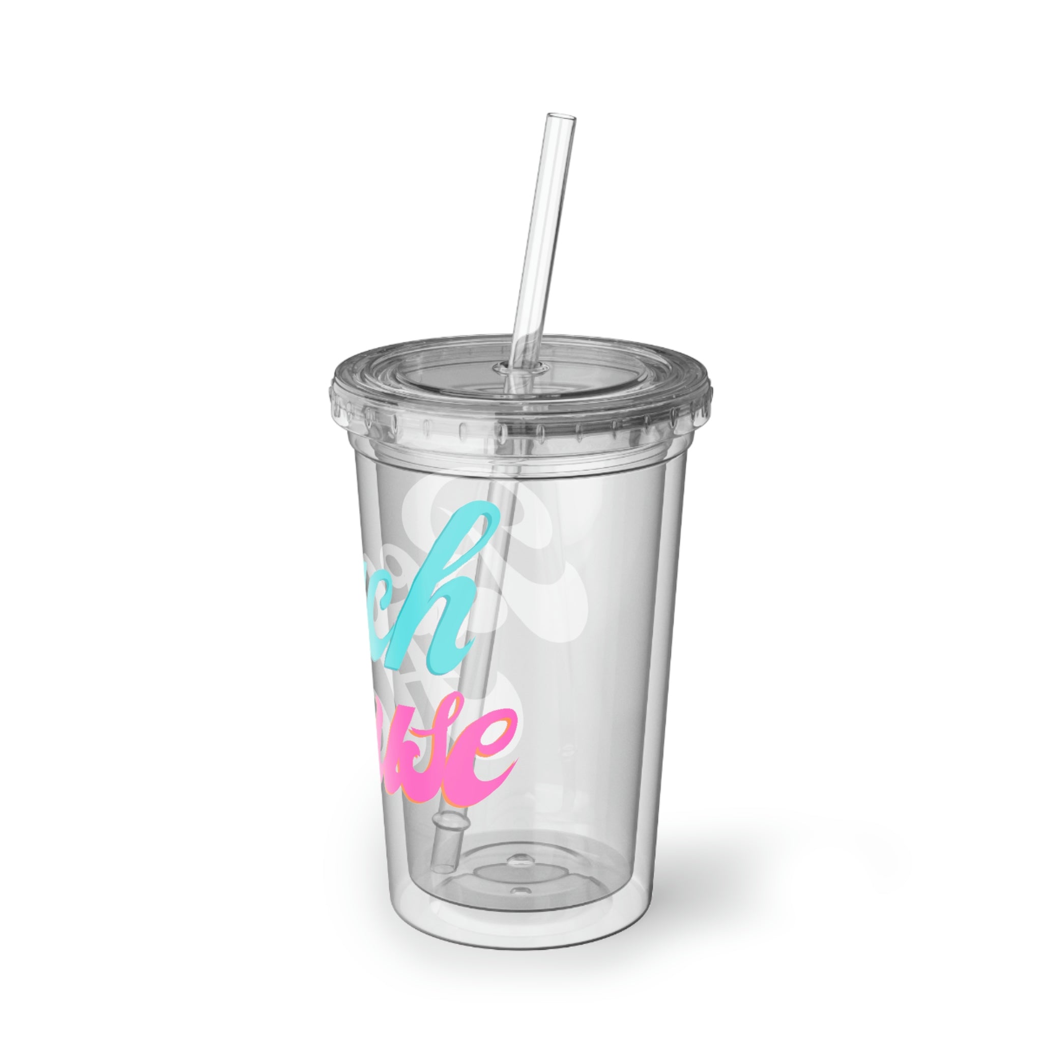 Beach House Suave Acrylic Cup with double-wall insulation, featuring a vibrant customizable design and a plastic lid with a straw.