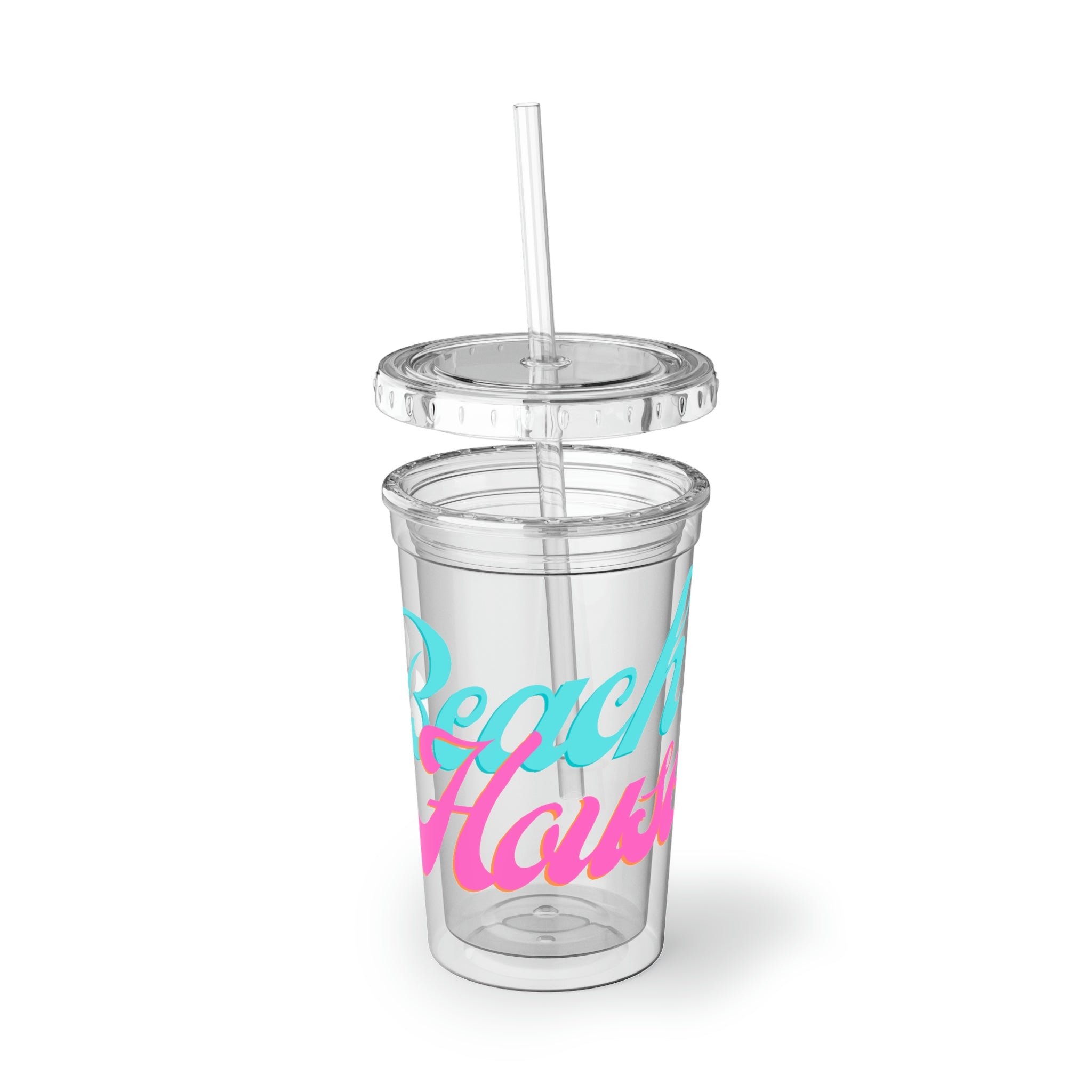 Beach House Suave Acrylic Cup with double-wall insulation, featuring a vibrant customizable design and a plastic lid with a straw.