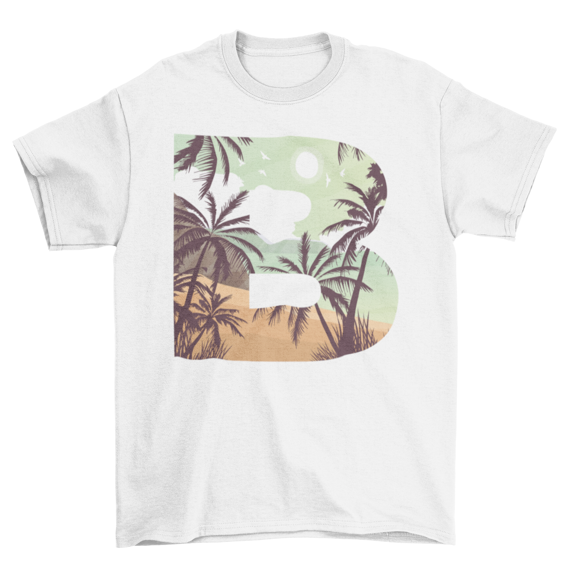 Beach Letter B T-shirt featuring a vibrant beach landscape inside the letter B.