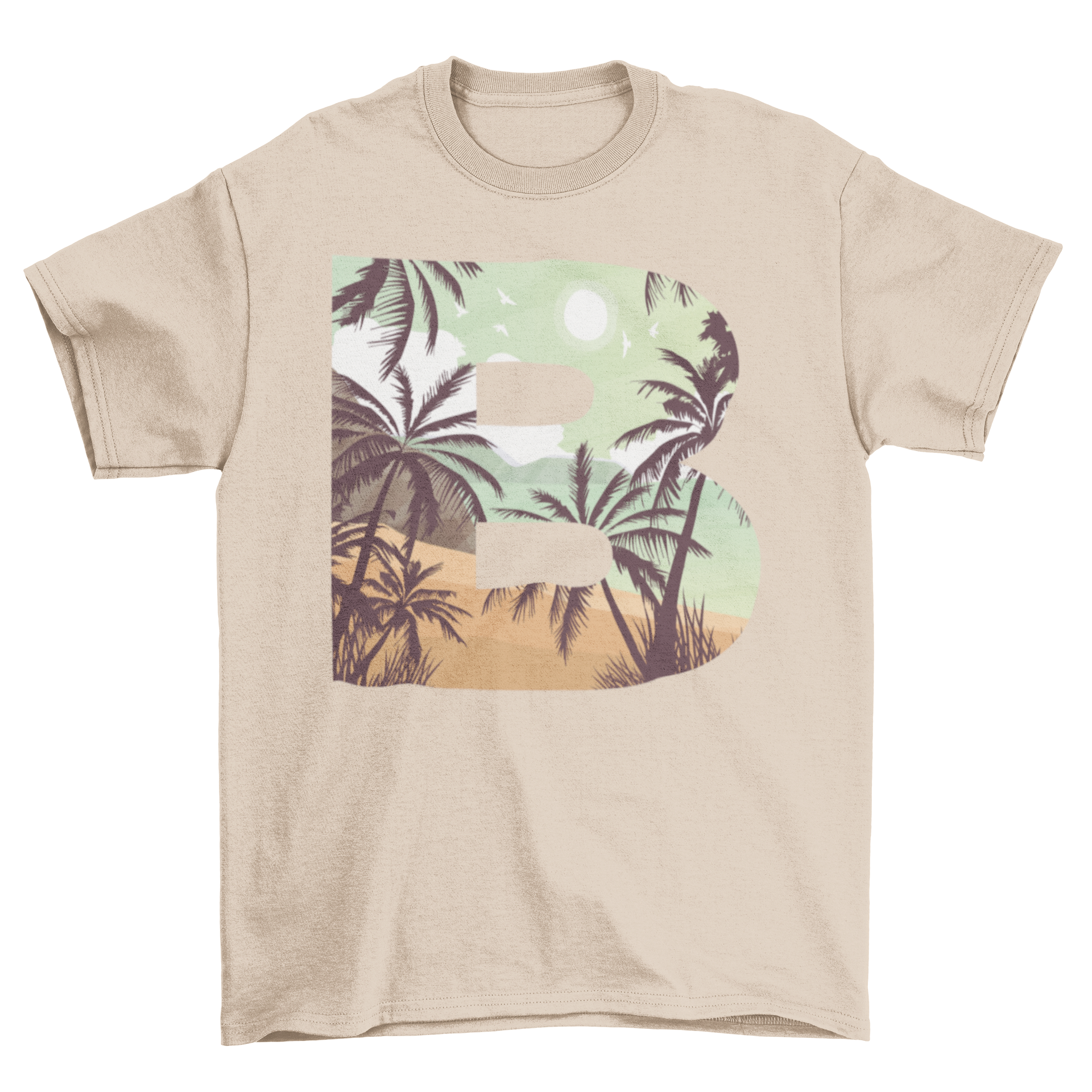 Beach Letter B T-shirt featuring a vibrant beach landscape inside the letter B.