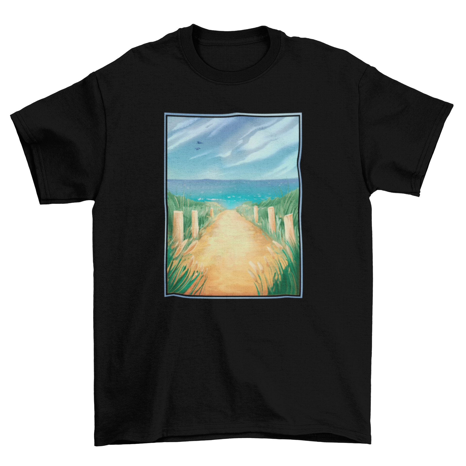 A stylish t-shirt featuring a vibrant beach landscape design, perfect for casual wear.