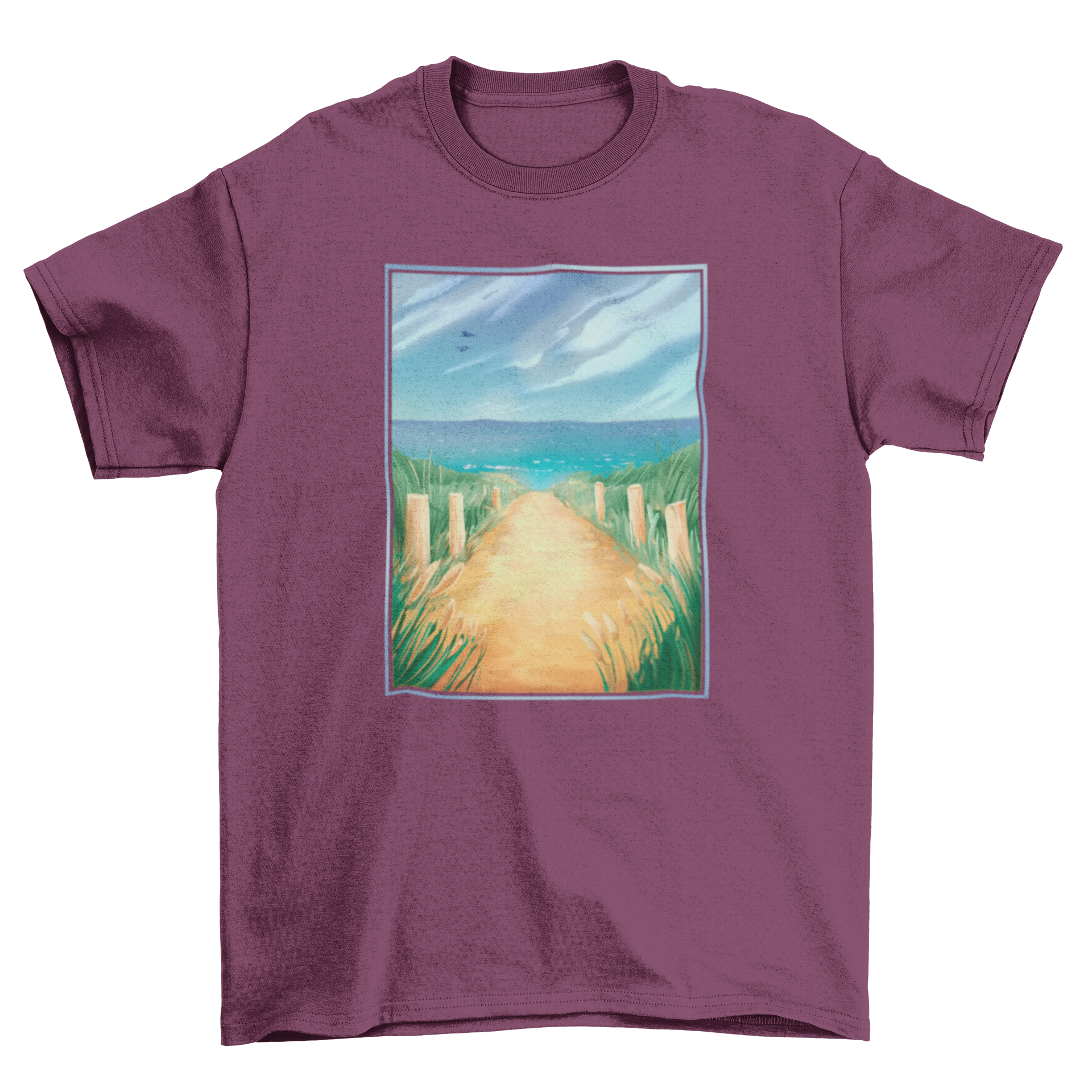 A stylish t-shirt featuring a vibrant beach landscape design, perfect for casual wear.