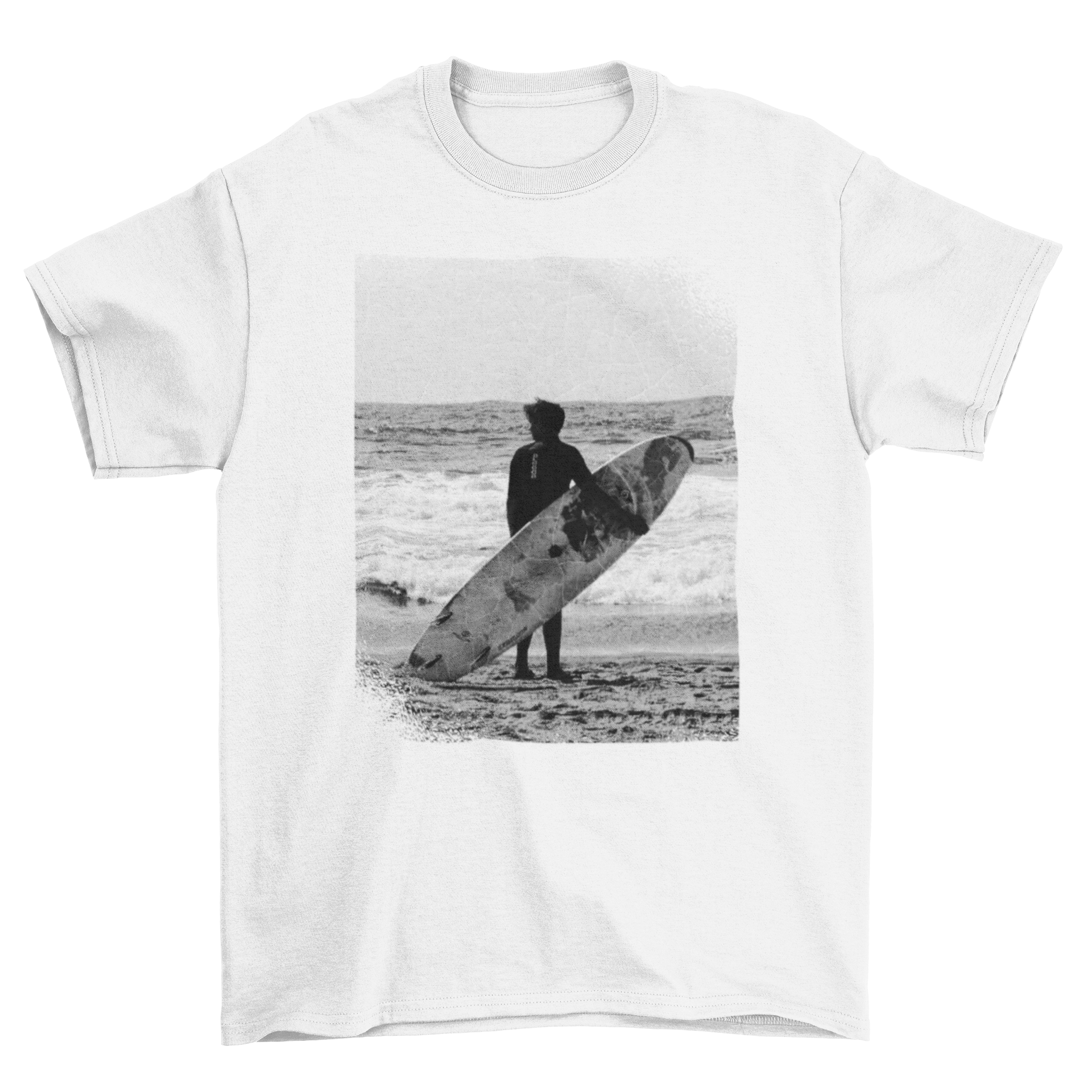 Black and white t-shirt featuring cool textures and frames, perfect for beach lovers.