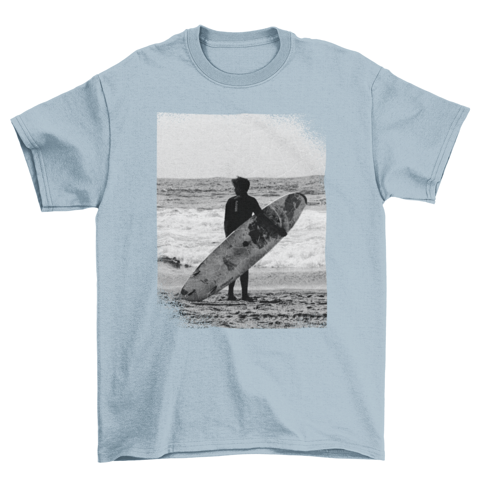 Black and white t-shirt featuring cool textures and frames, perfect for beach lovers.