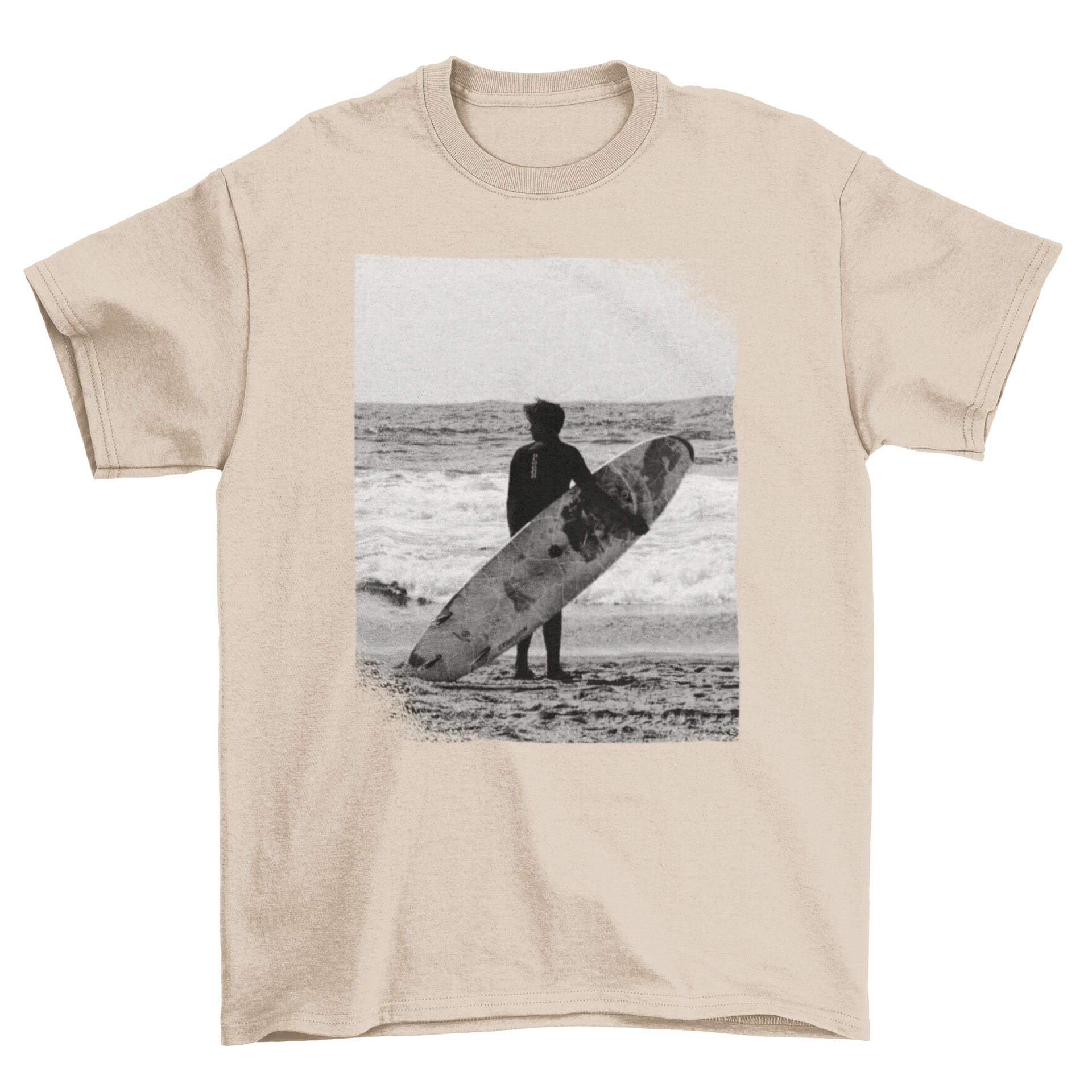 Black and white t-shirt featuring cool textures and frames, perfect for beach lovers.