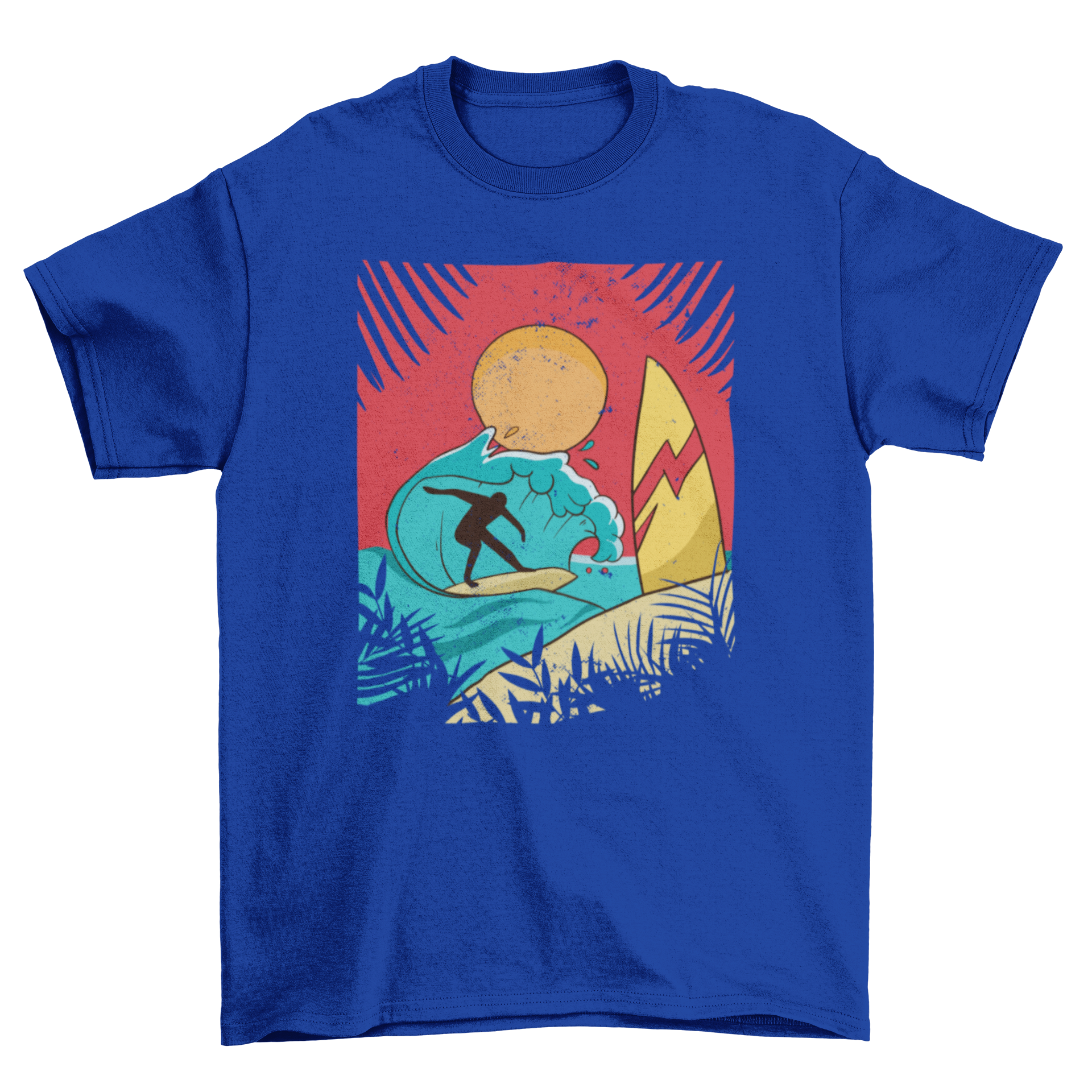 Beach surfer t-shirt featuring a vibrant beach illustration and a surfer silhouette, perfect for summer wear.