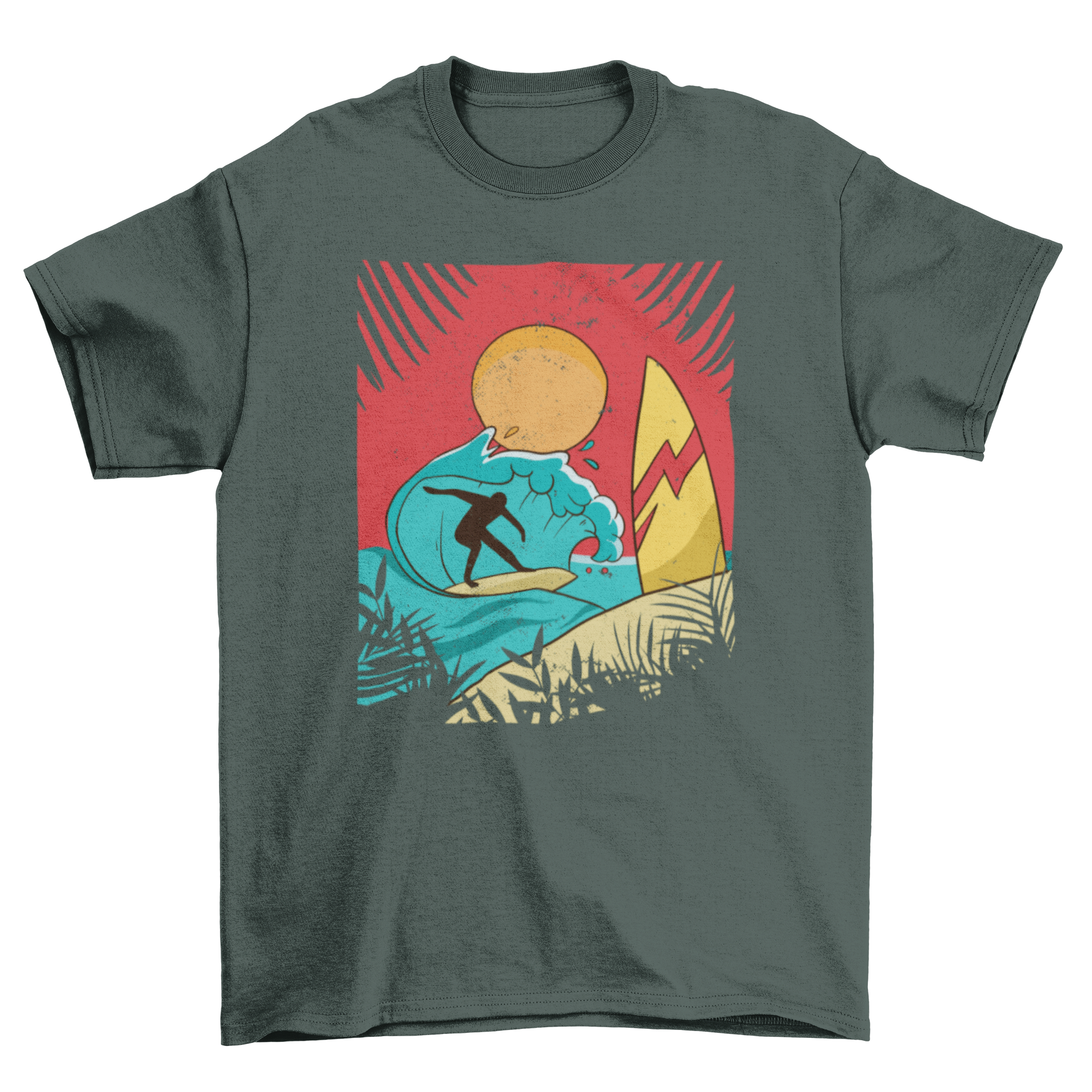 Beach surfer t-shirt featuring a vibrant beach illustration and a surfer silhouette, perfect for summer wear.