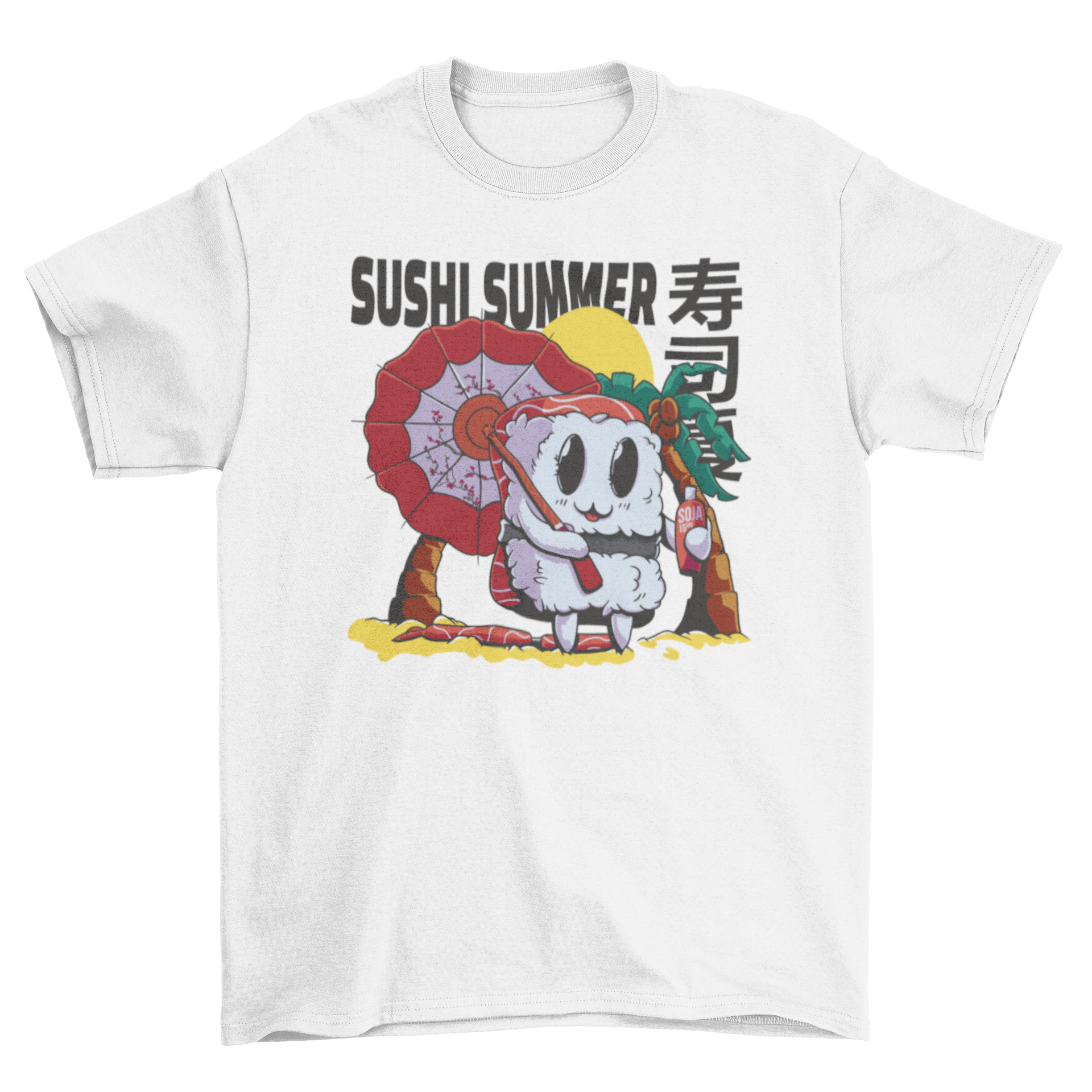 A colorful t-shirt featuring a cartoon sushi piece relaxing on the beach with a parasol and the quote 'Sushi summer'.