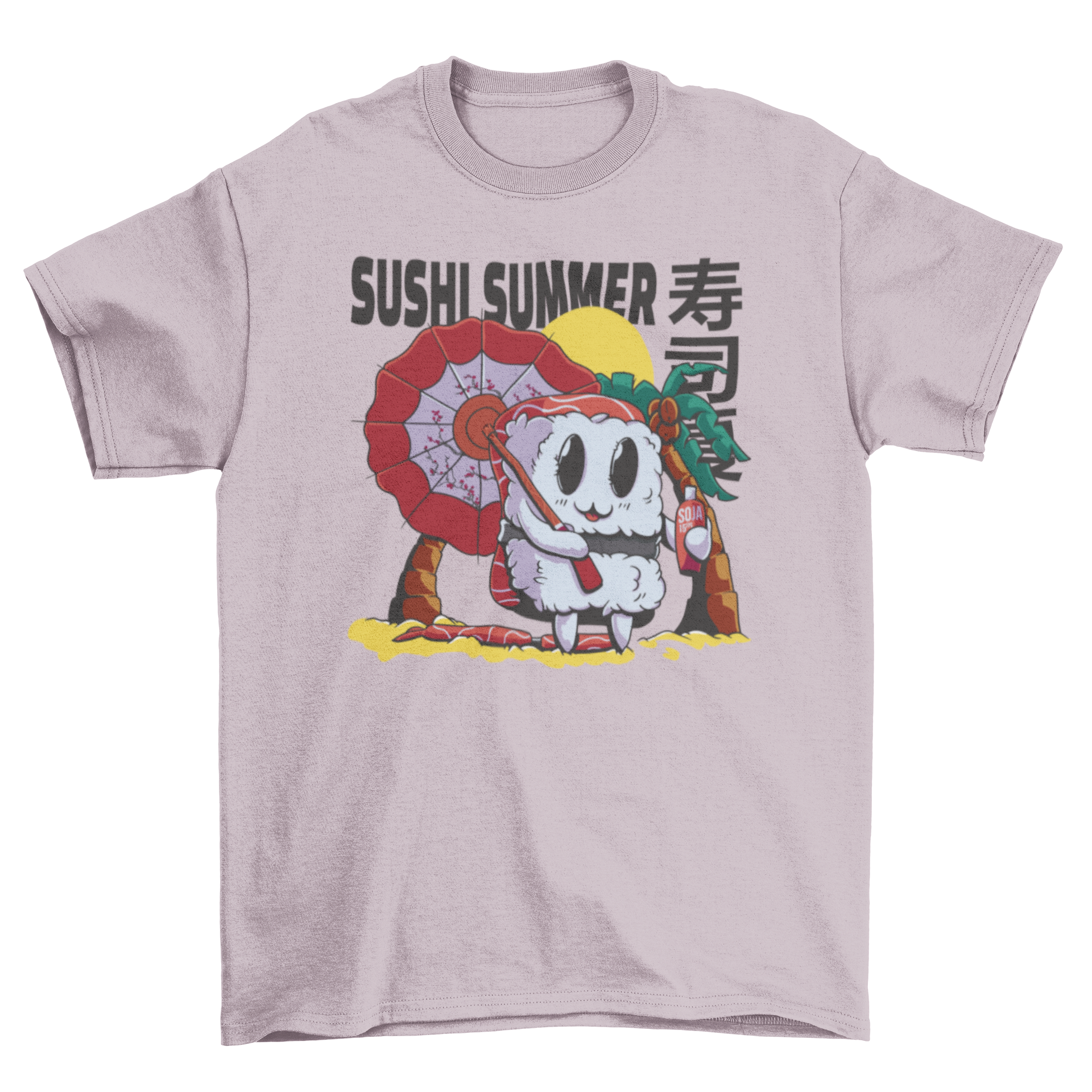 A colorful t-shirt featuring a cartoon sushi piece relaxing on the beach with a parasol and the quote 'Sushi summer'.