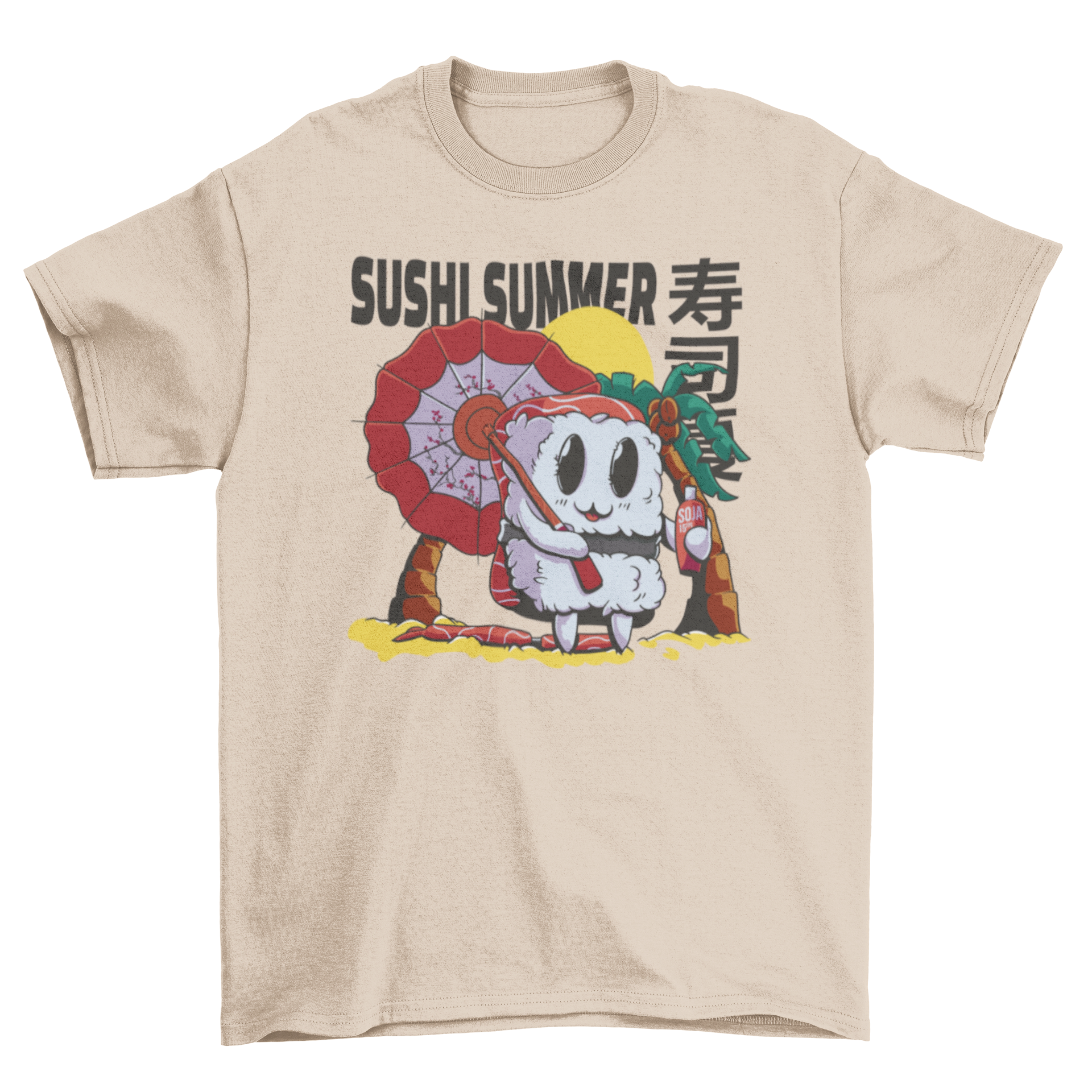 A colorful t-shirt featuring a cartoon sushi piece relaxing on the beach with a parasol and the quote 'Sushi summer'.