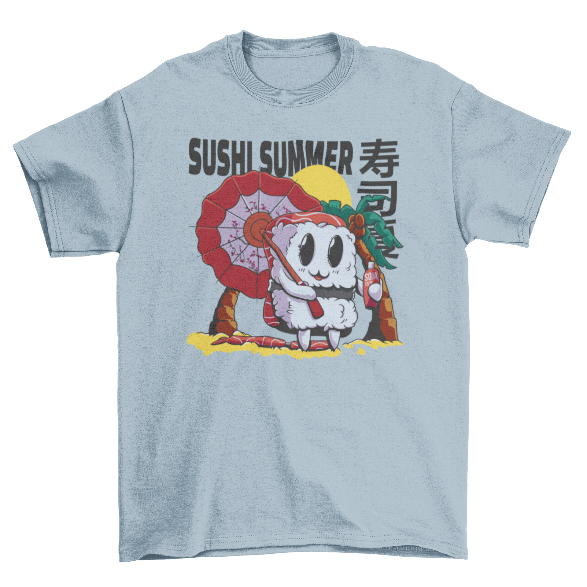 A colorful t-shirt featuring a cartoon sushi piece relaxing on the beach with a parasol and the quote 'Sushi summer'.