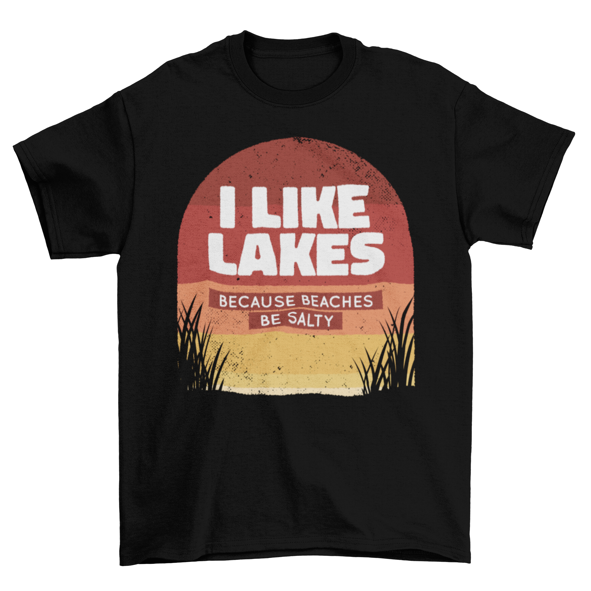 Beaches Be Salty T-Shirt featuring a humorous quote about lakes and beaches, designed for comfort and style.