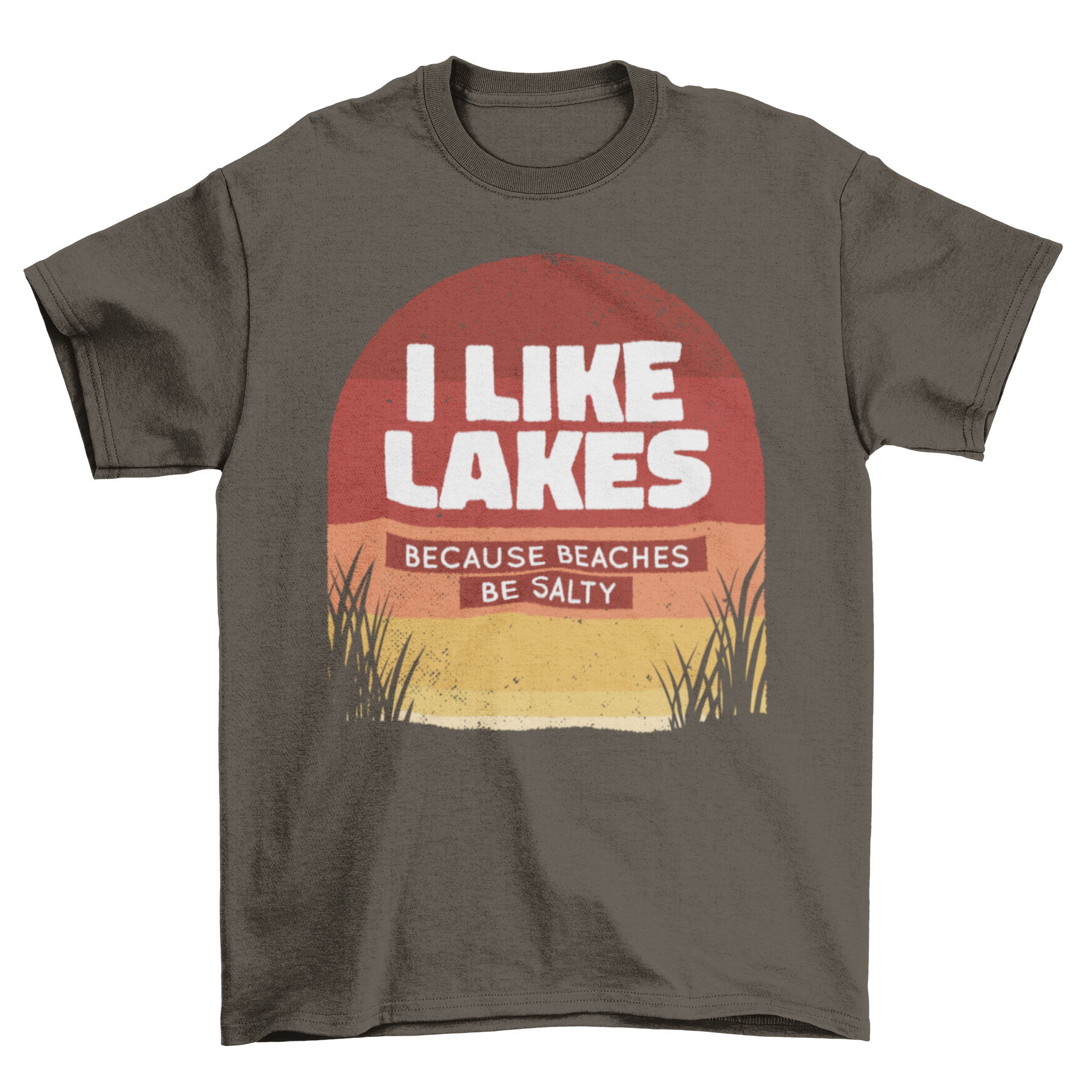 Beaches Be Salty T-Shirt featuring a humorous quote about lakes and beaches, designed for comfort and style.