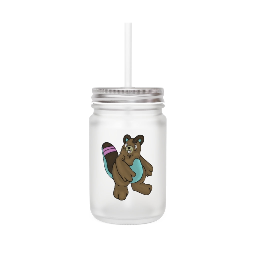 A personalized Beachu Mason Jar made of frosted glass, featuring a straw and lid, perfect for drinks.