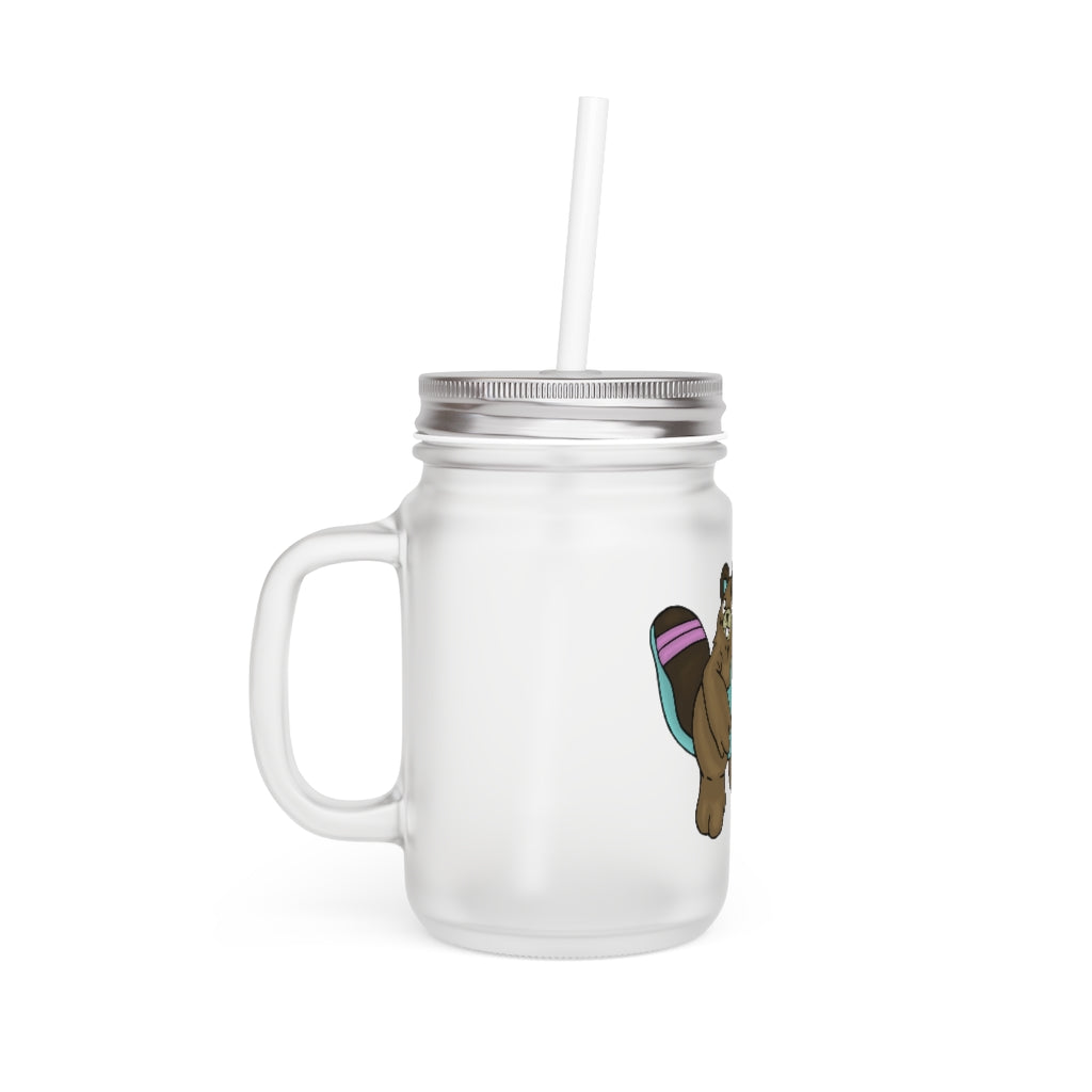 A personalized Beachu Mason Jar made of frosted glass, featuring a straw and lid, perfect for drinks.